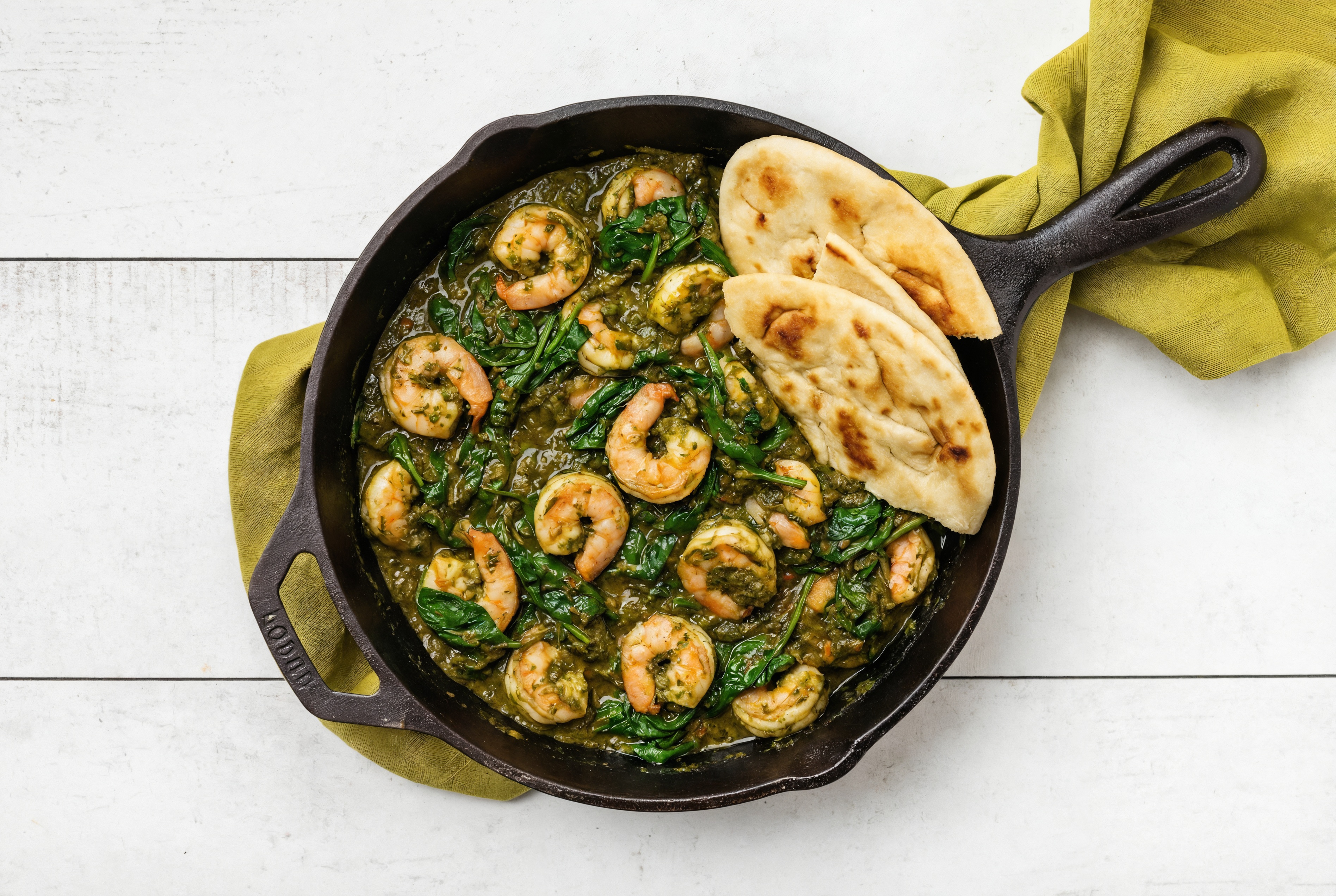 Jumbo Shrimp Saag with Spinach + Naan
