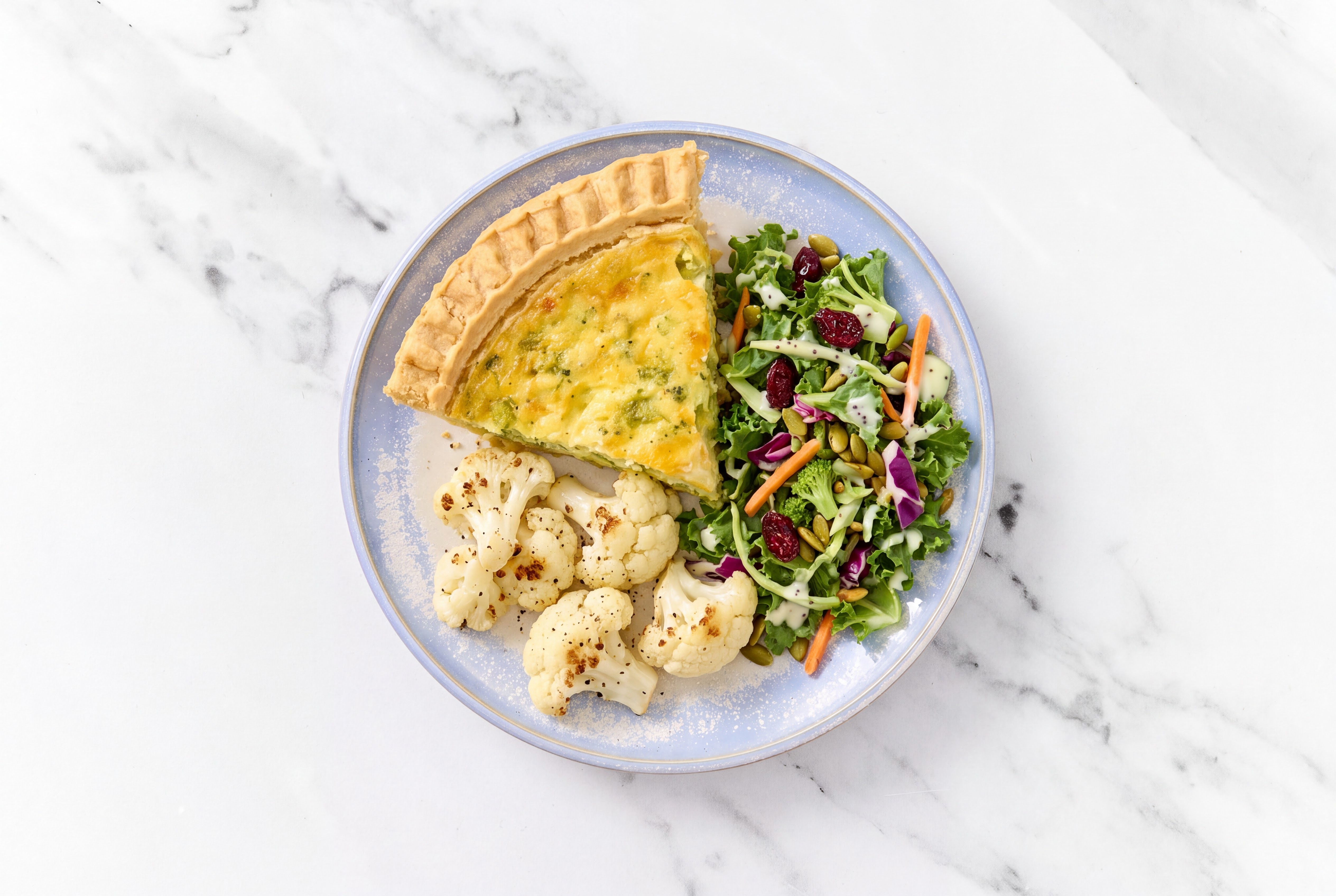 Broccoli & Cheddar Quiche with Cauliflower Florets & Kale Salad