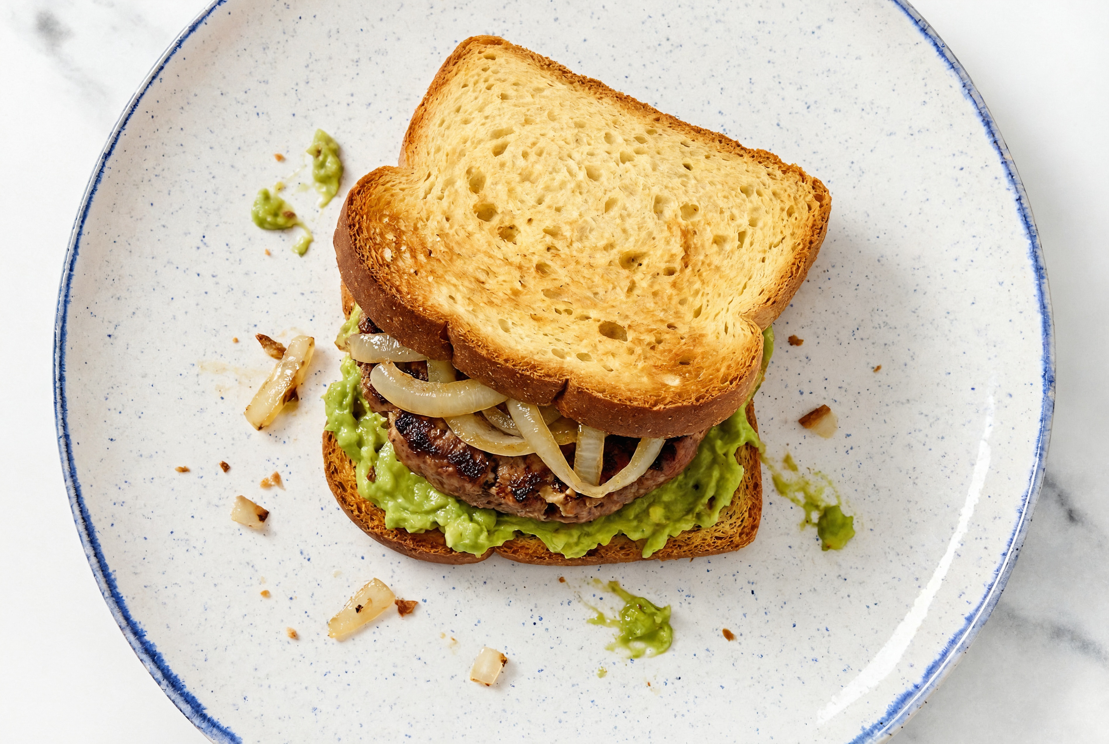 Caramelized Onion Beyond Burger on GF Bread with Guacamole