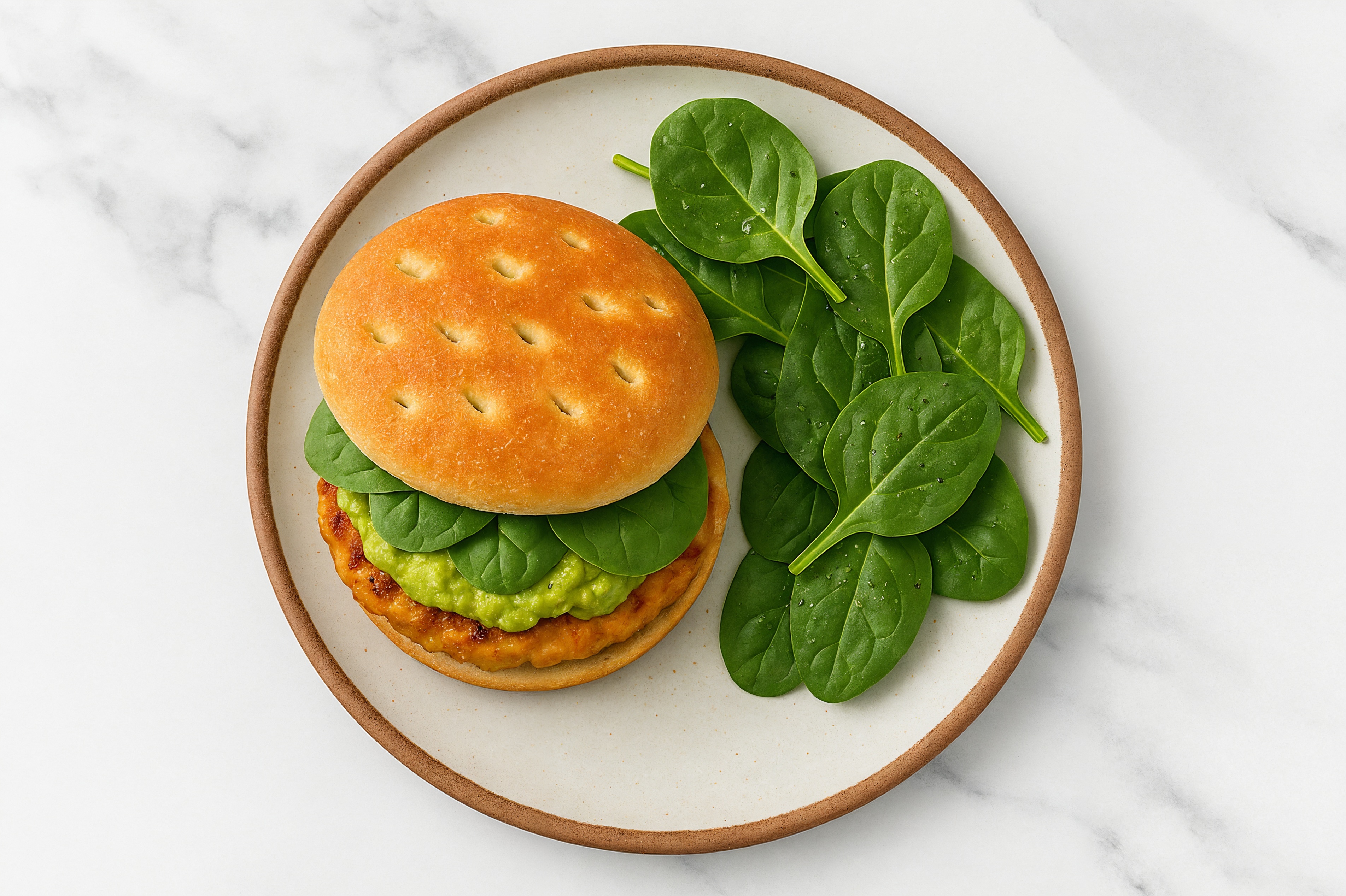 Herby Southwestern Chicken 'n Guac Burger with Baby Spinach