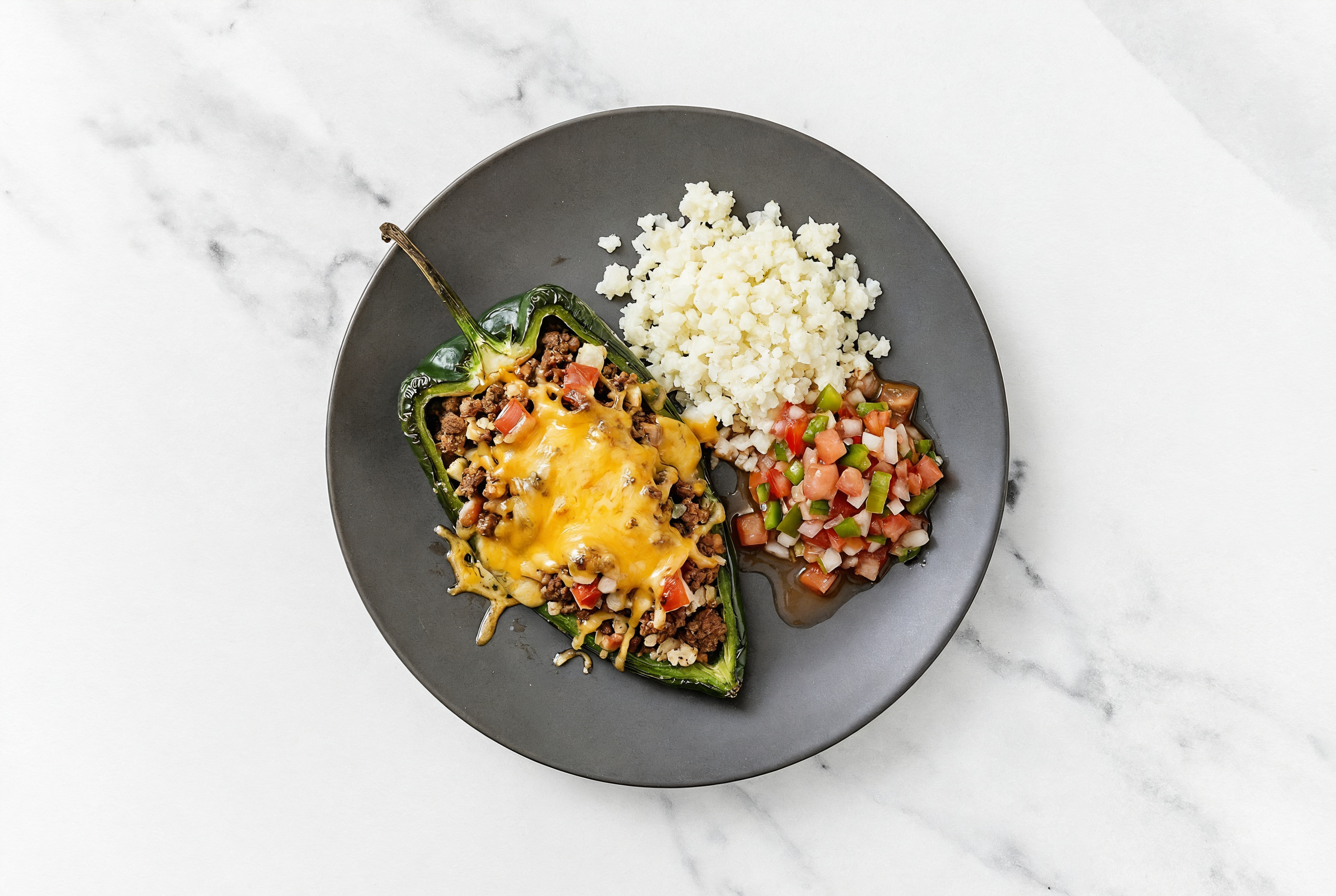 Cheesy Bacon + Shredded Sharp Cheddar Cheese Beef Burger + Cauliflower Stuffed Poblano Peppers