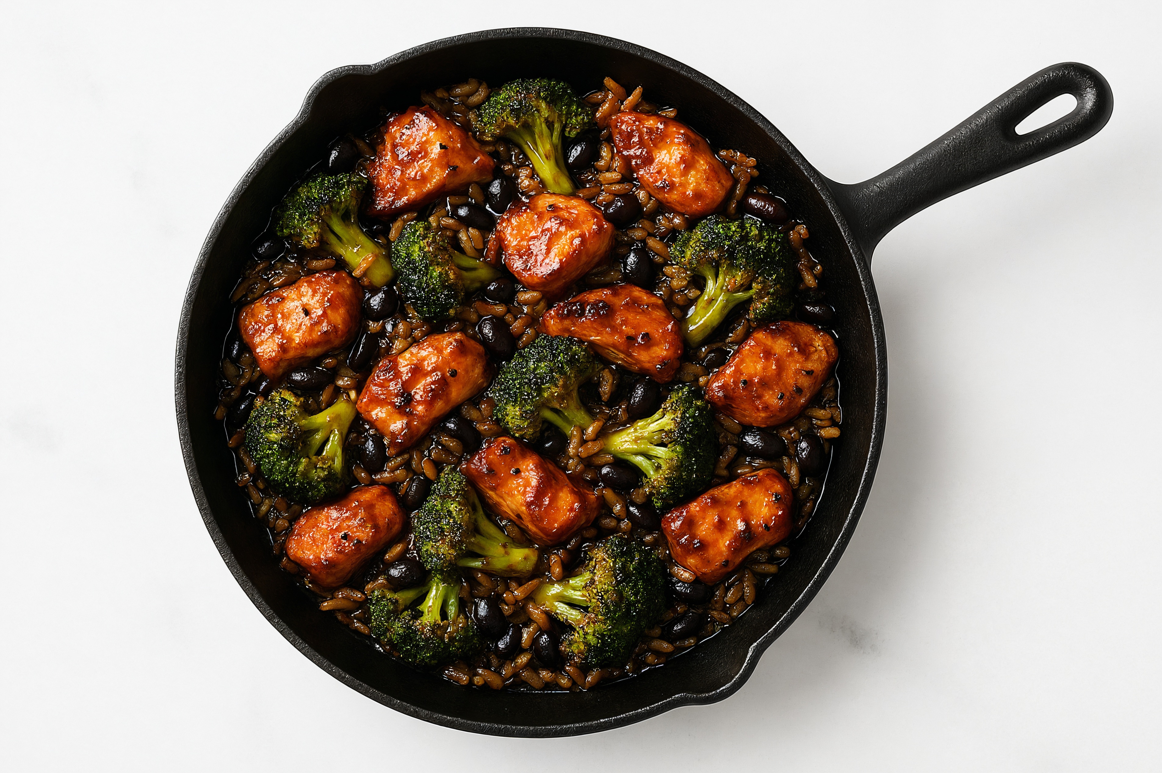 Japanese BBQ Chicken + Organic Broccoli Stir-Fry with Seasoned White Rice + Black Beans