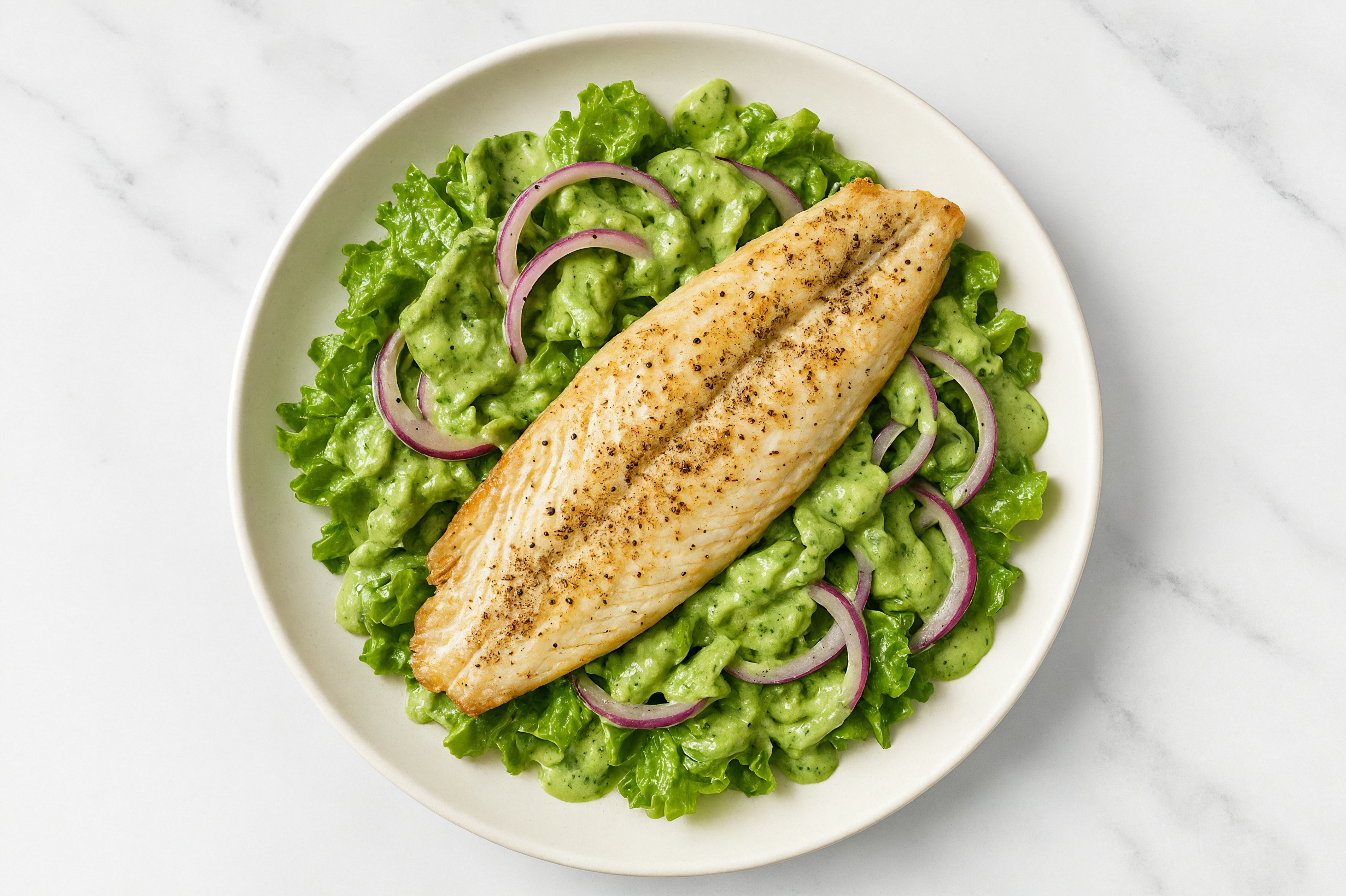 Green Leaf Salad with Trout, Onion & Avocado