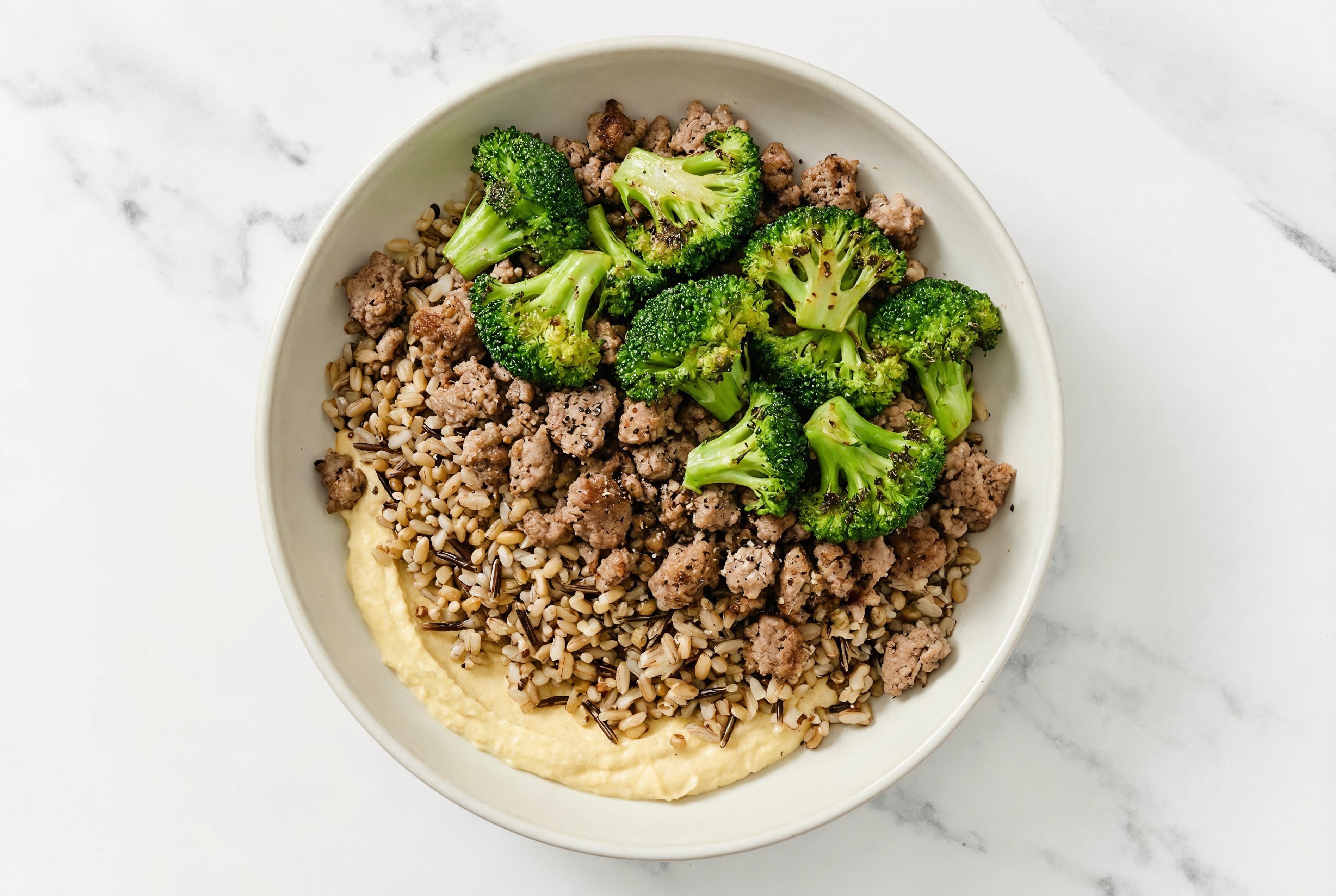 Ground Lamb & Broccoli Grain Bowl with Lemon Garlic Hummus
