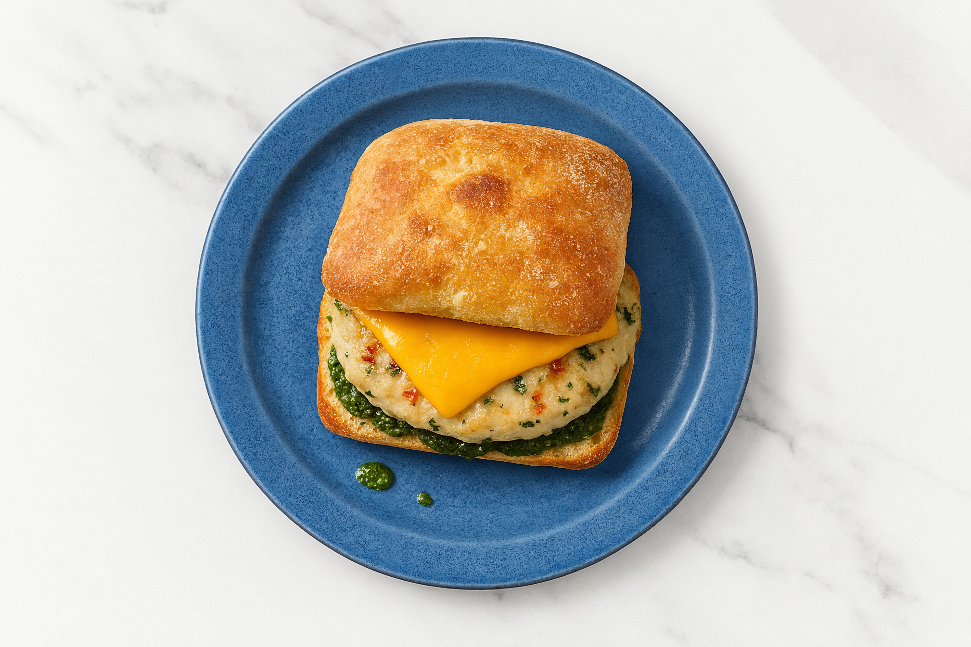 Garlic Chicken Burger on Ciabatta with Spinach Pesto & Cheddar