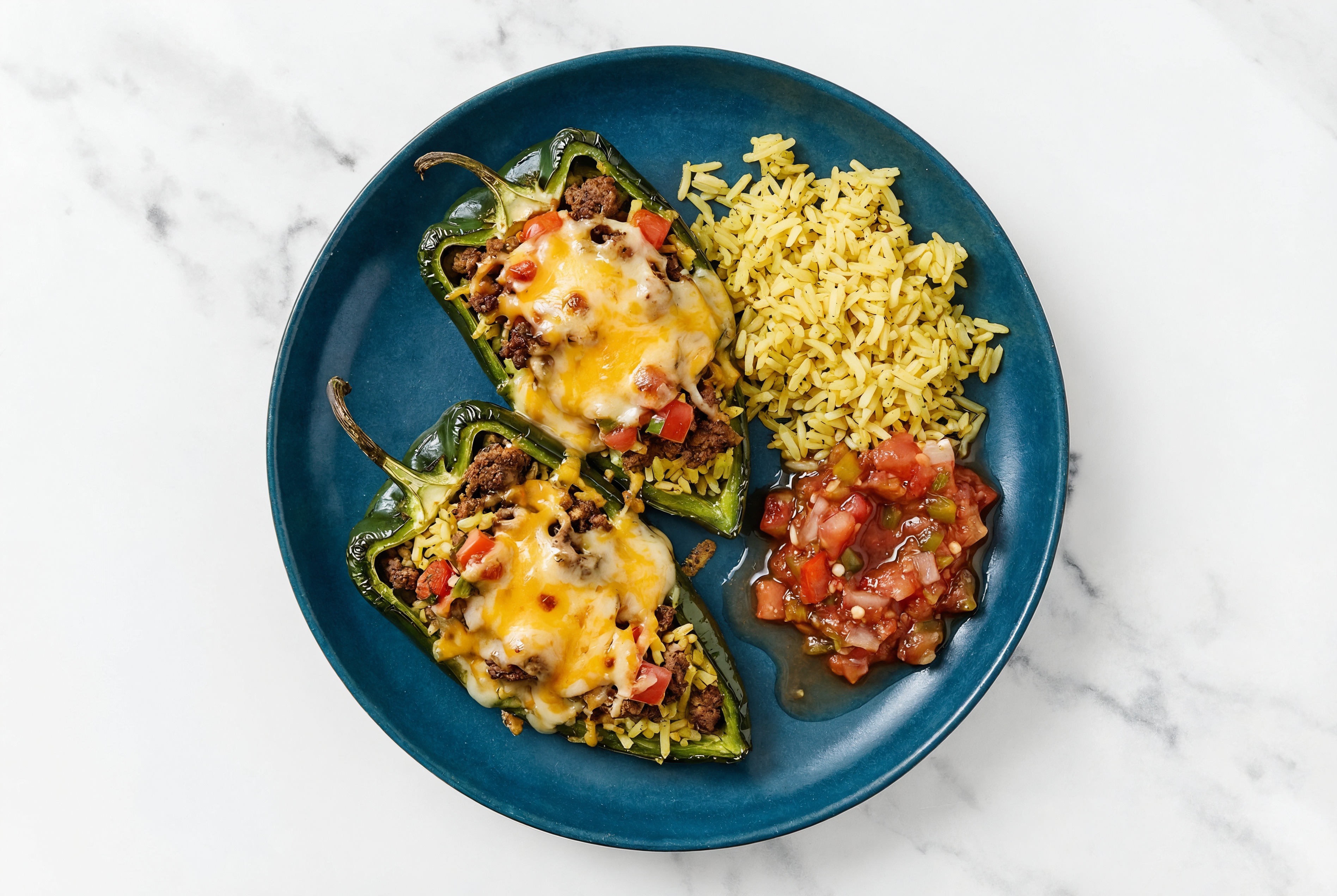 Hearty Cheesy Tavern Beef Burger Stuffed Poblano Peppers