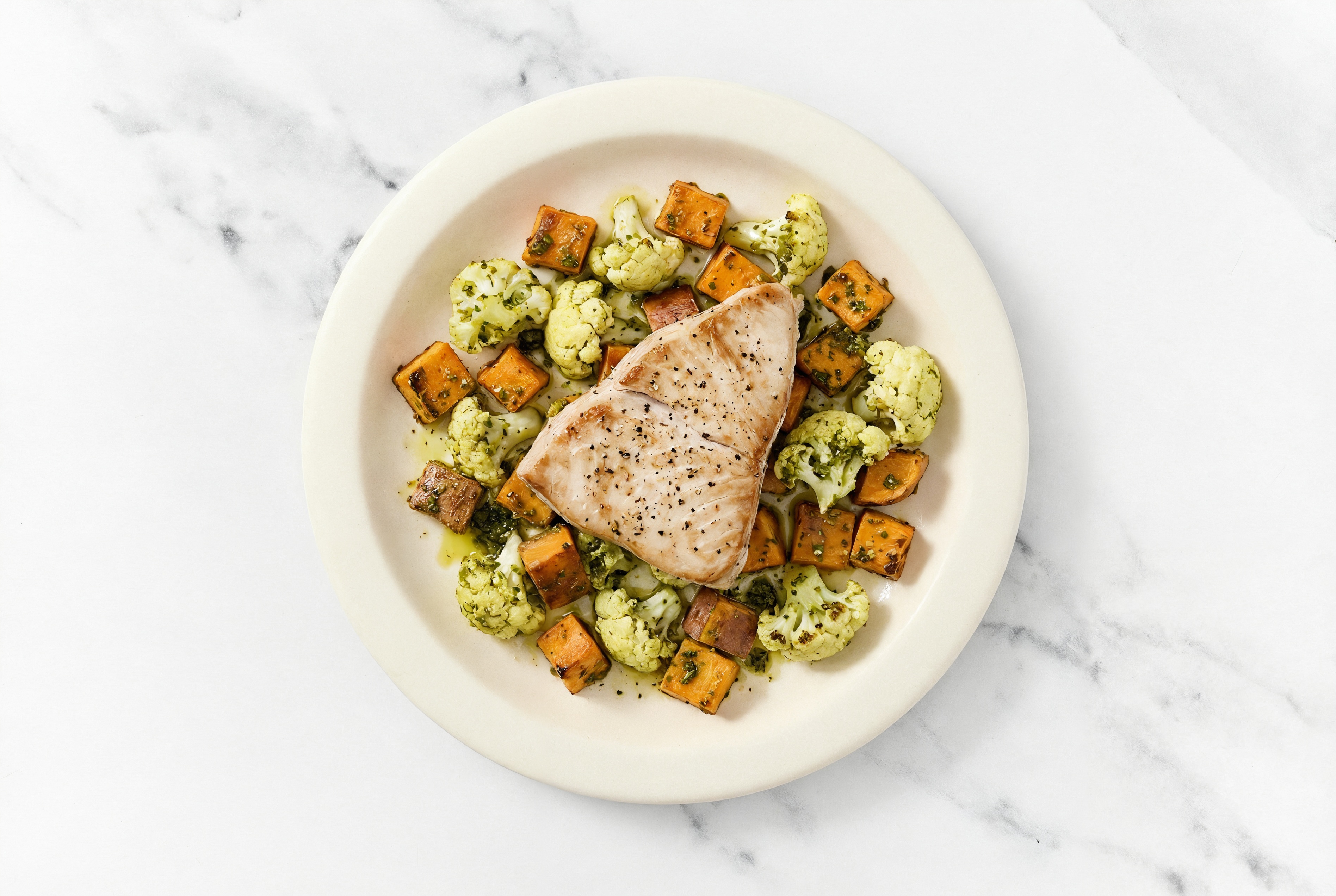 Sheet Pan Pesto-Tuna with Sweet Potatoes & Cauliflower