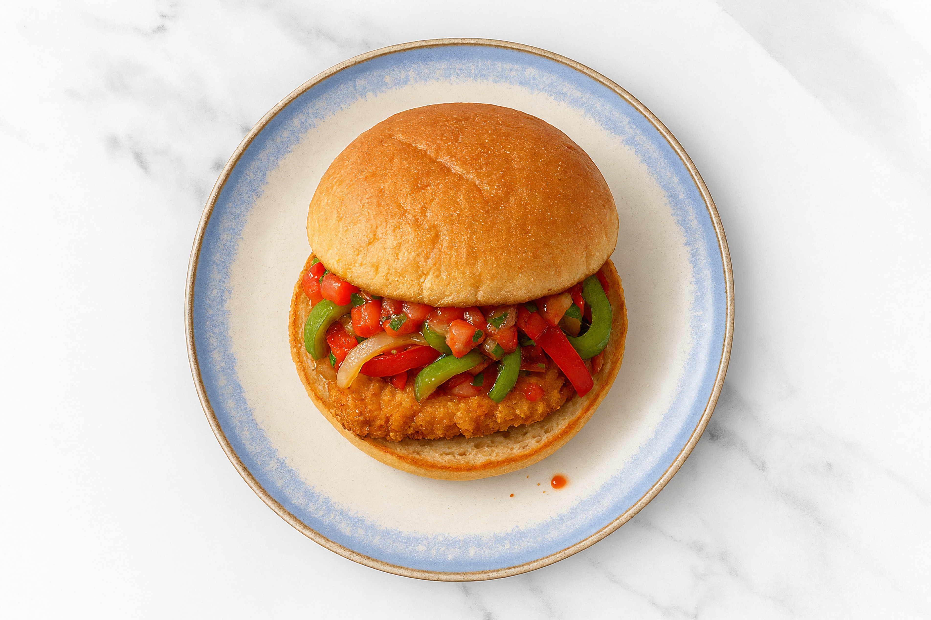Mexican "Chicken" Tenders Sandwich with Peppers + Onion on Gluten-Free Buns