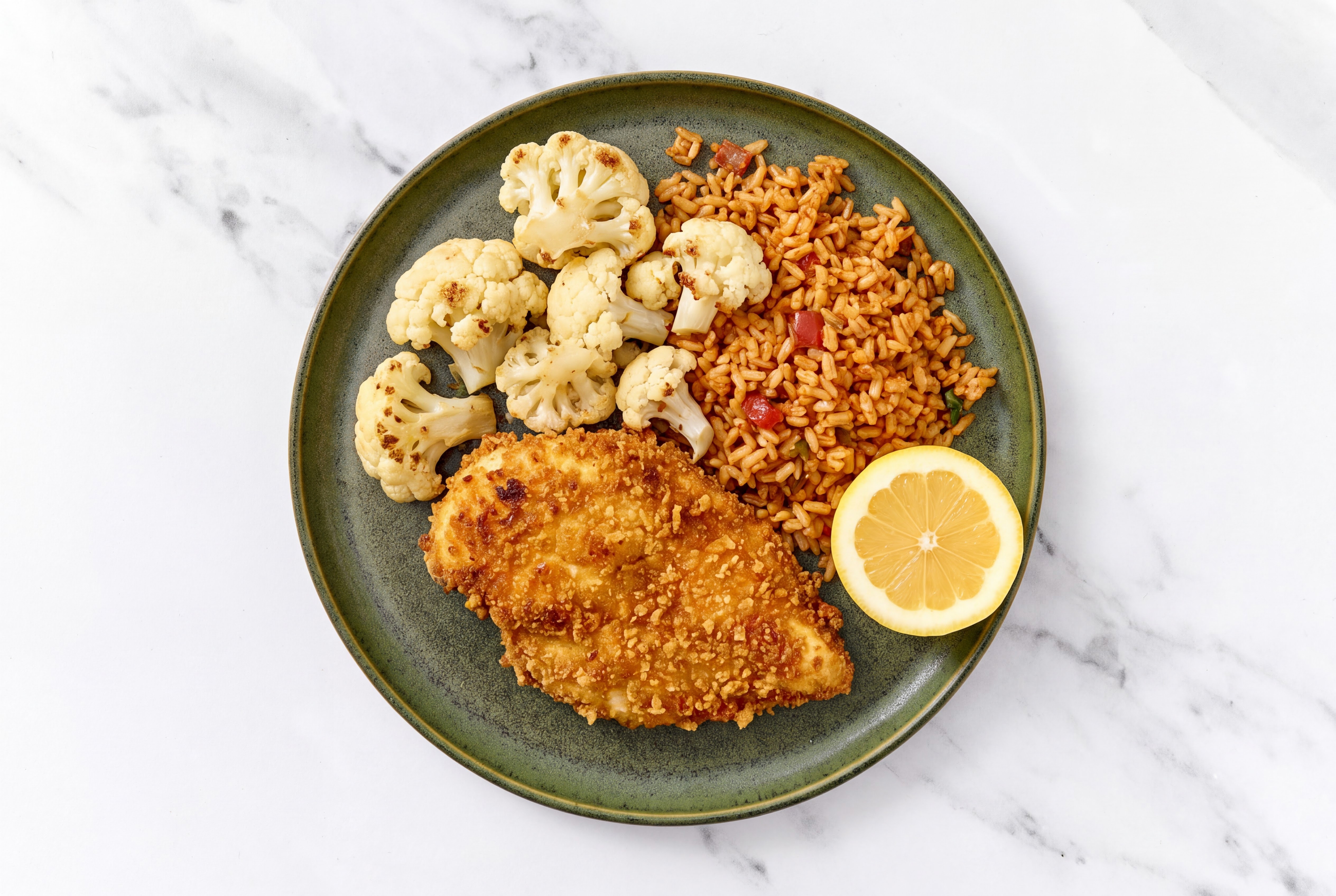 Lemon Hot Honey Breaded Chicken Cutlet with Cauliflower Florets & Mexican Rice