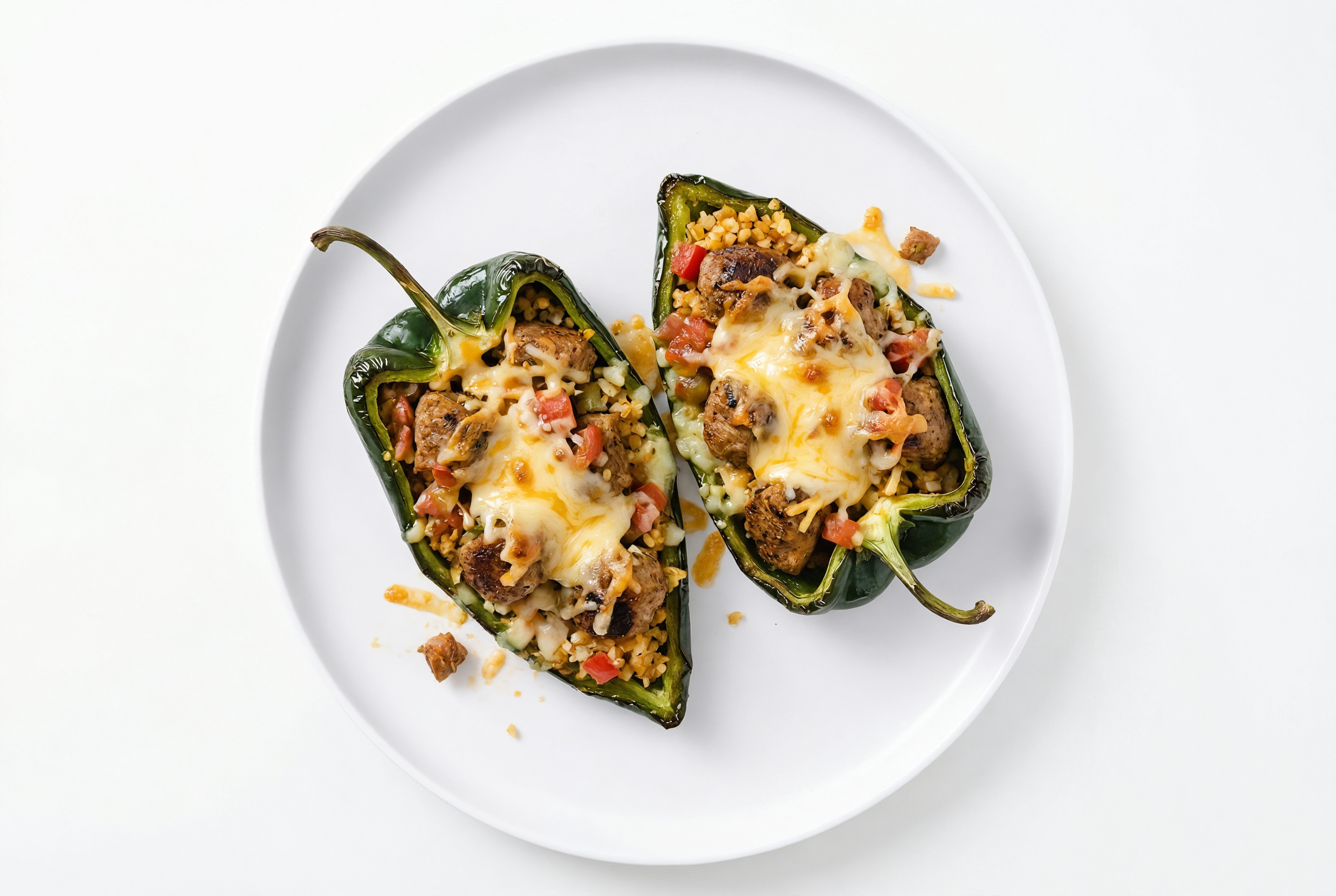Cheezy Meatball + Cauliflower Stuffed Poblano Peppers