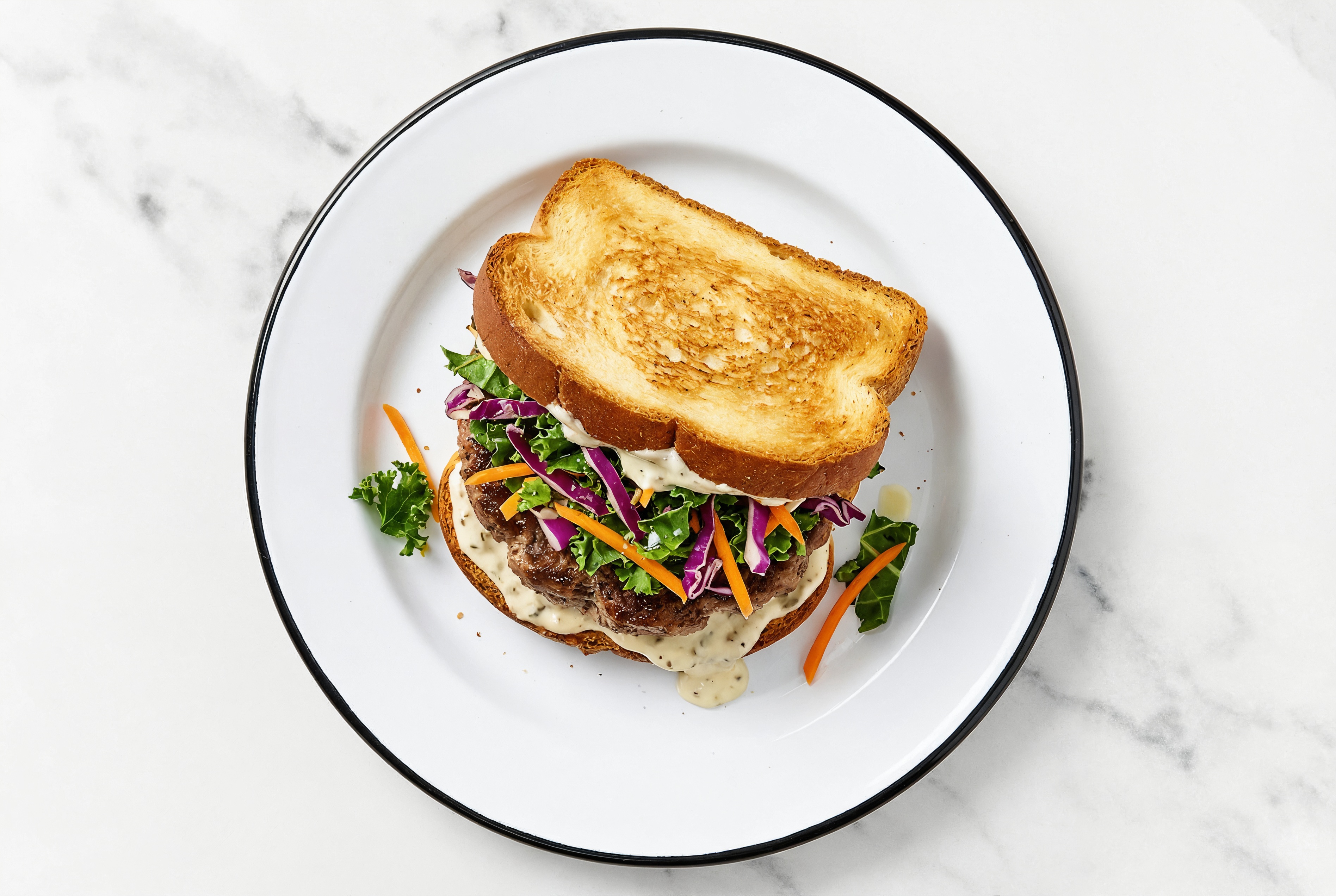 Rainbow Veggie Wagyu Beef Burger on GF Bread with Garlic Sauce