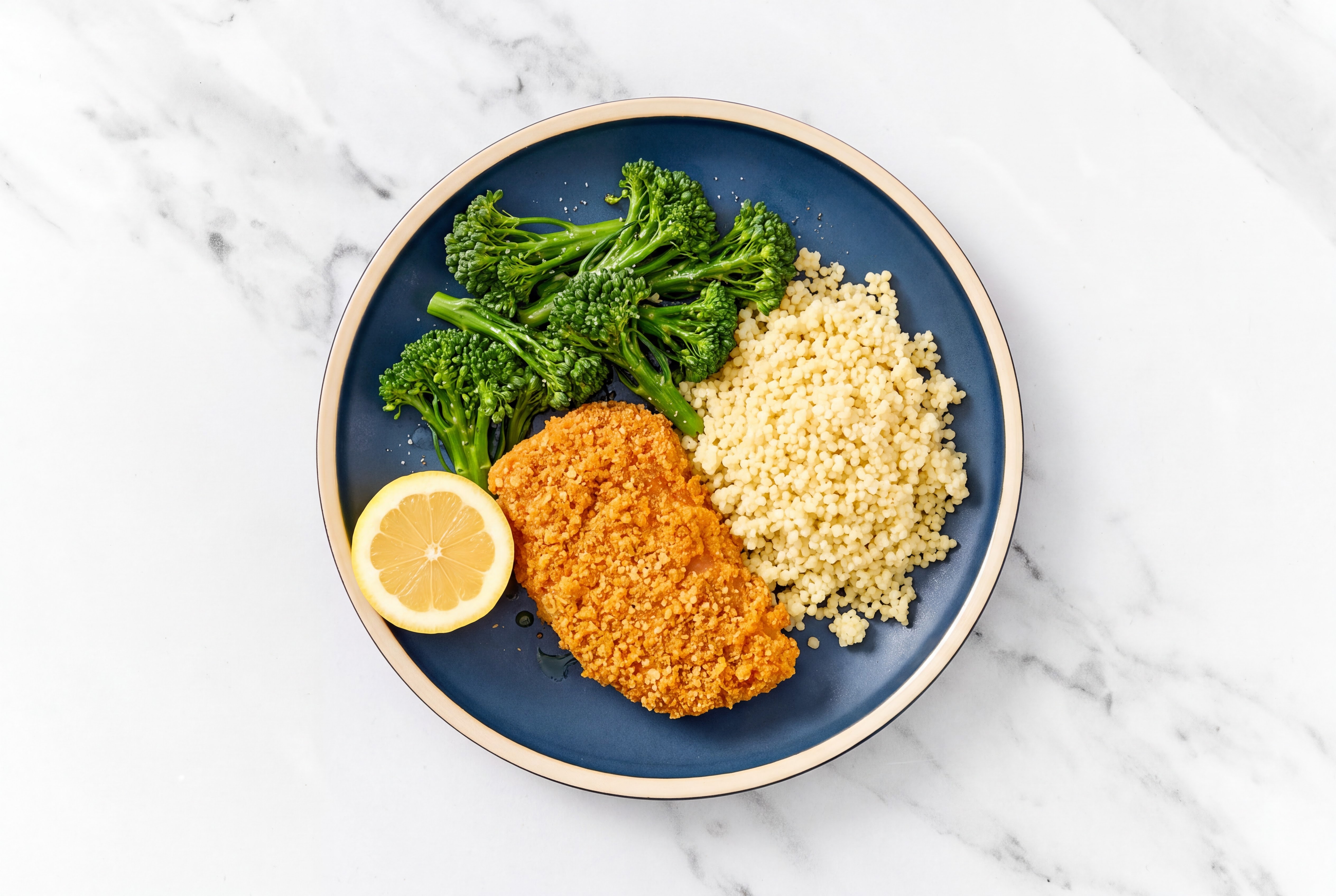 Lemon Hot Honey Breaded Chicken Cutlet with Baby Broccoli & Couscous