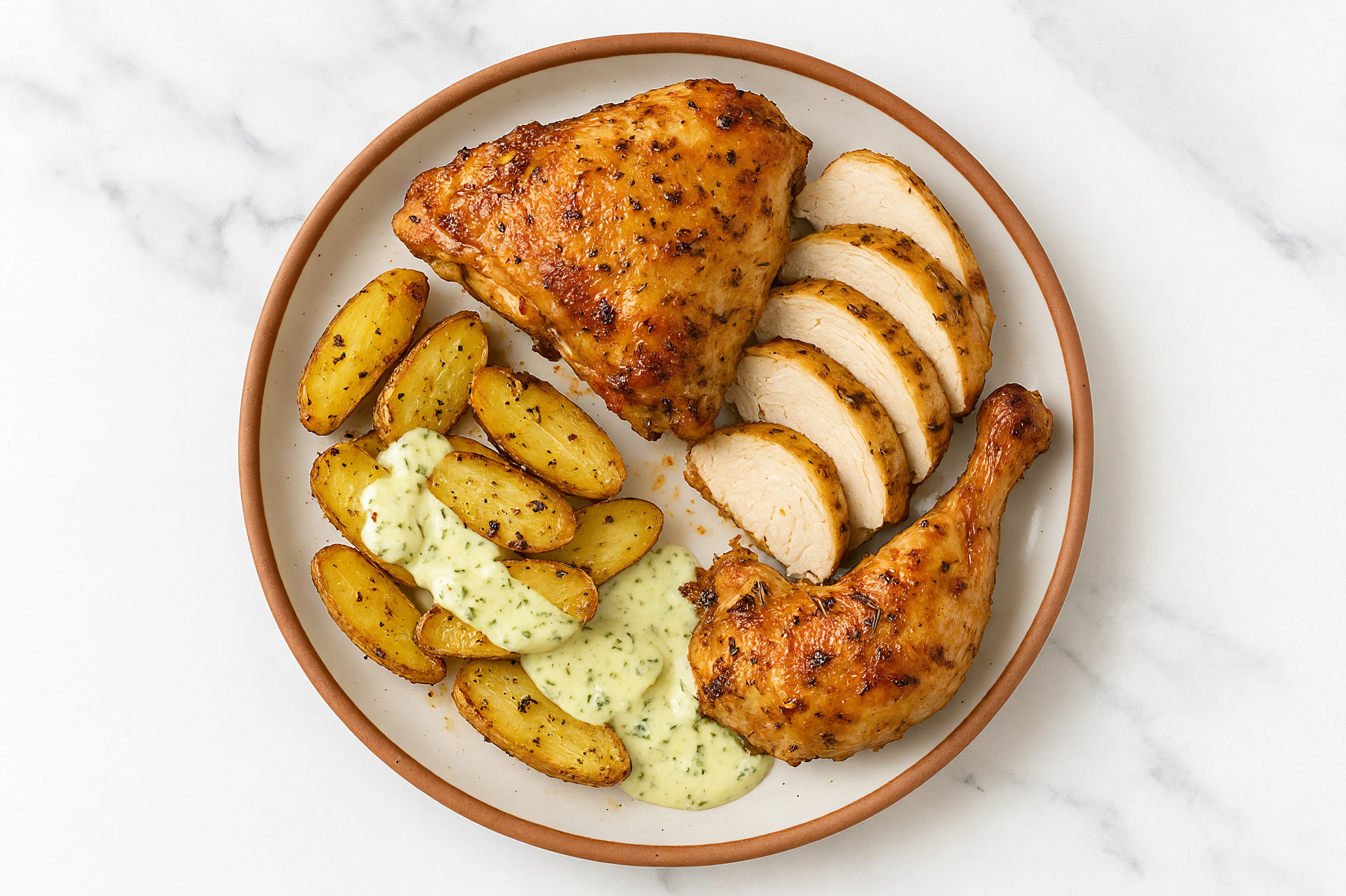 Garlic Herb Chicken + Roasted Potatoes with Dill Sauce