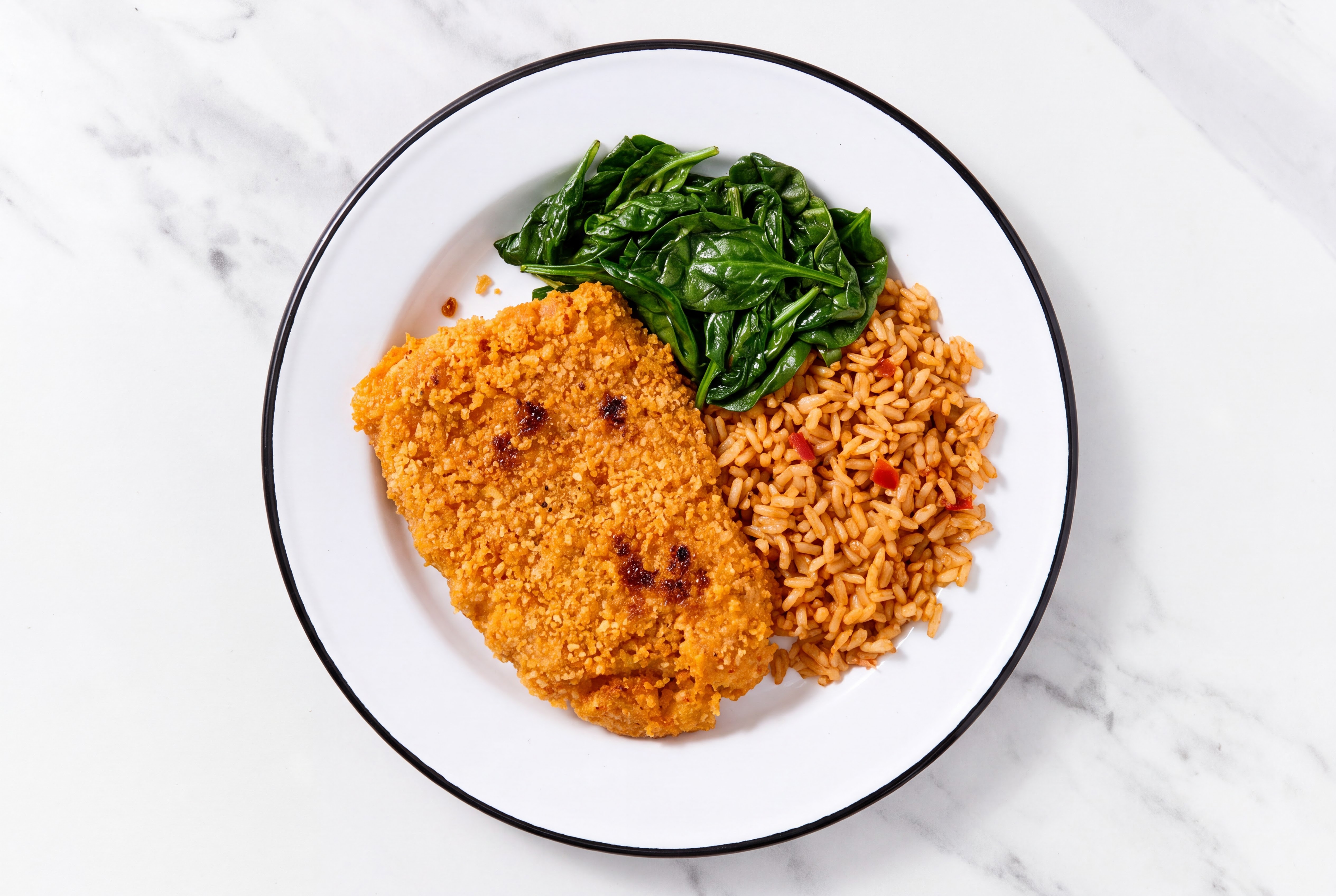 Hot Honey Breaded Chicken Cutlet with Baby Spinach & Mexican Rice