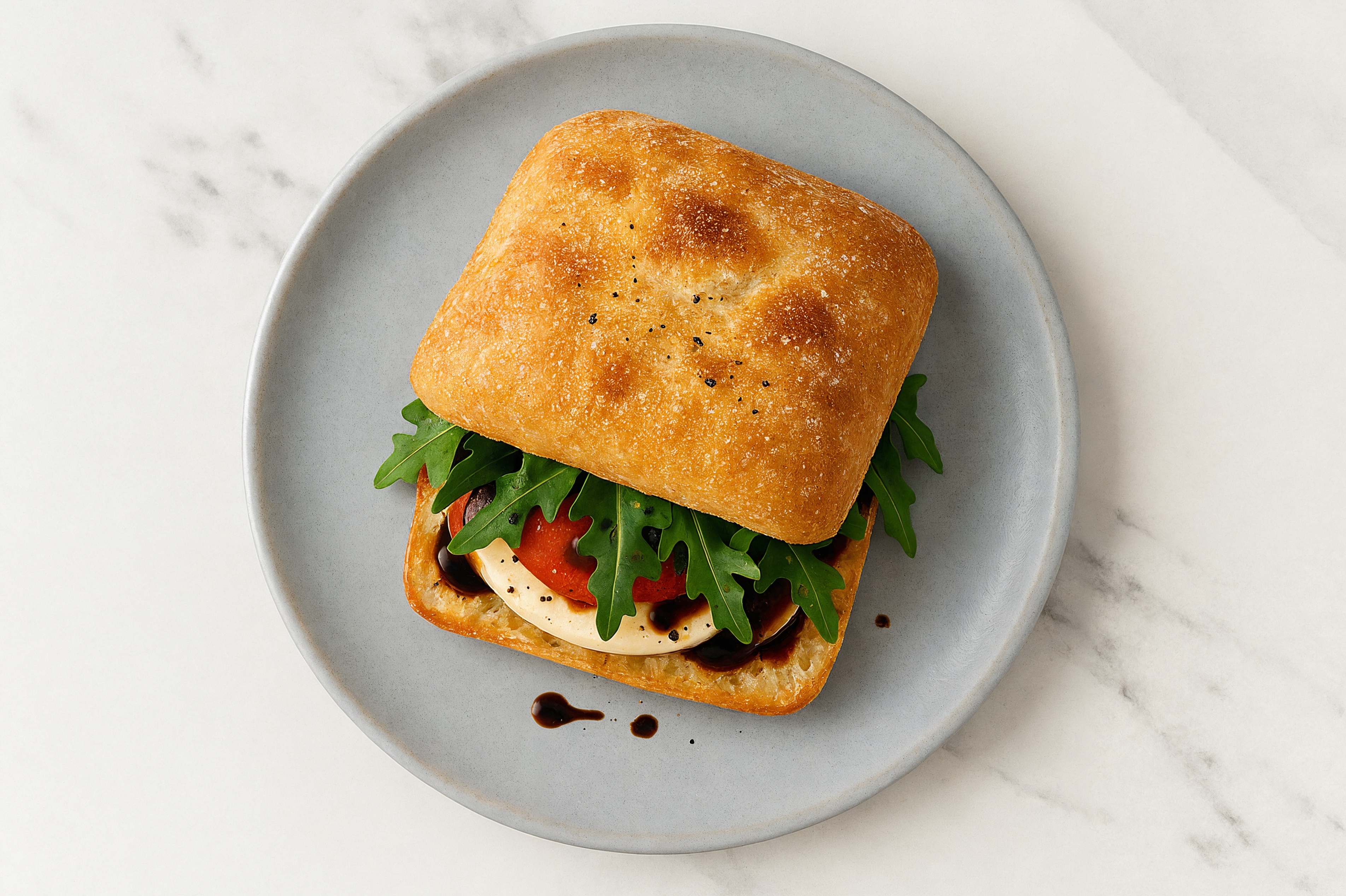 Balsamic Caprese Sandwich on Ciabatta with Mozzarella Ball