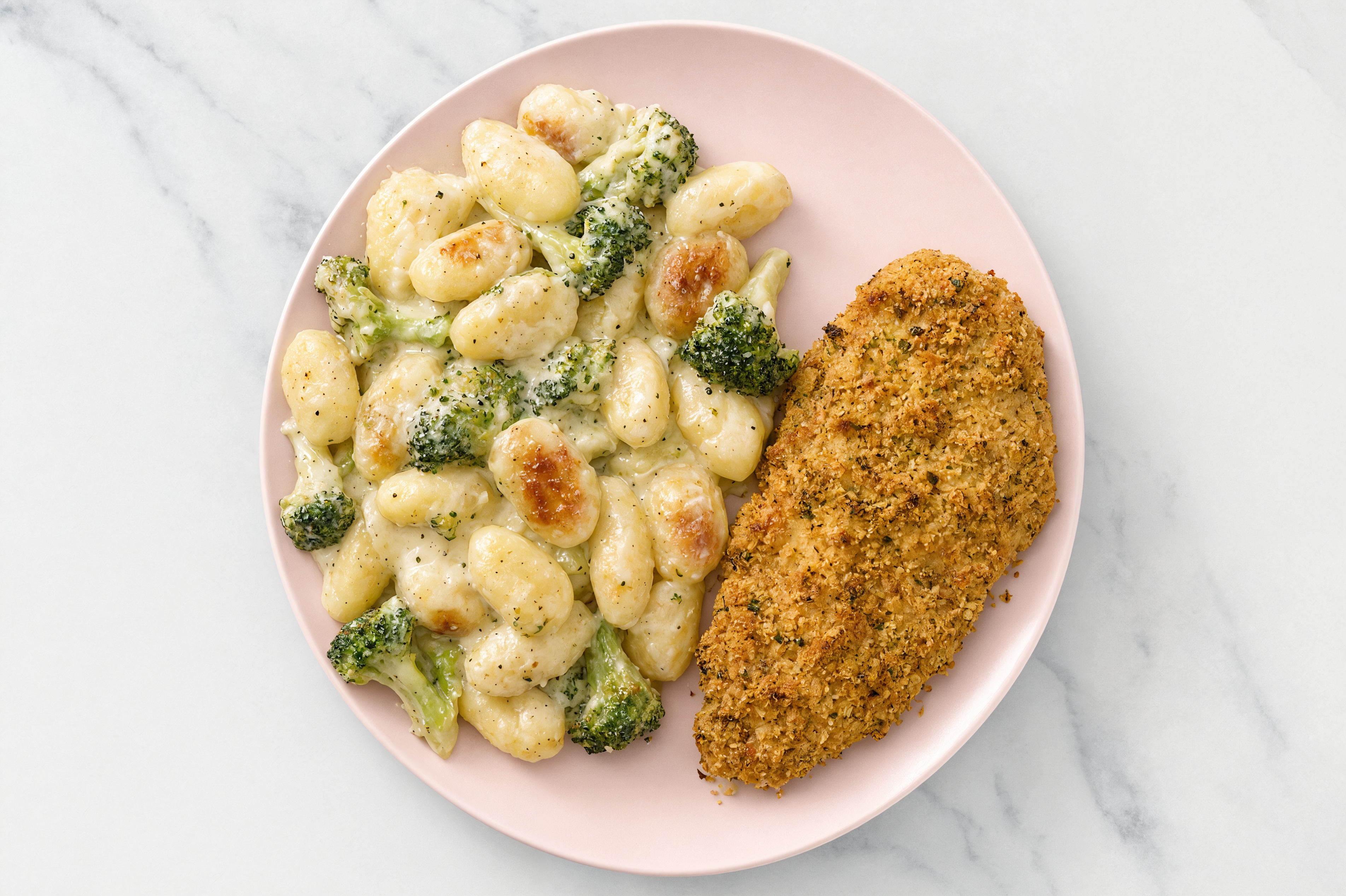 Crispy Garlic Chicken over Alfredo Gnocchi with Broccoli