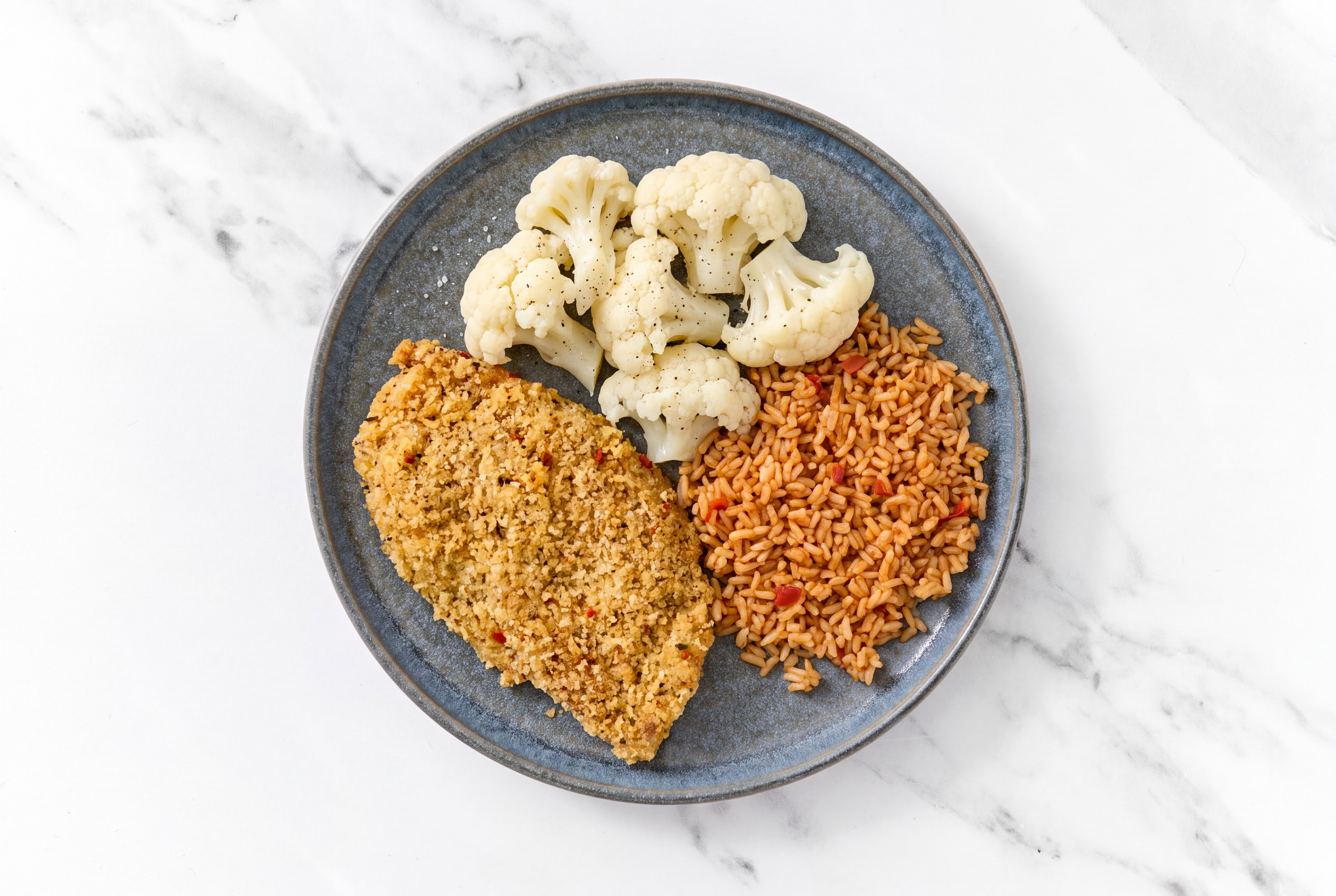Parmesan Breaded Chicken Cutlet with Cauliflower Florets & Mexican Rice
