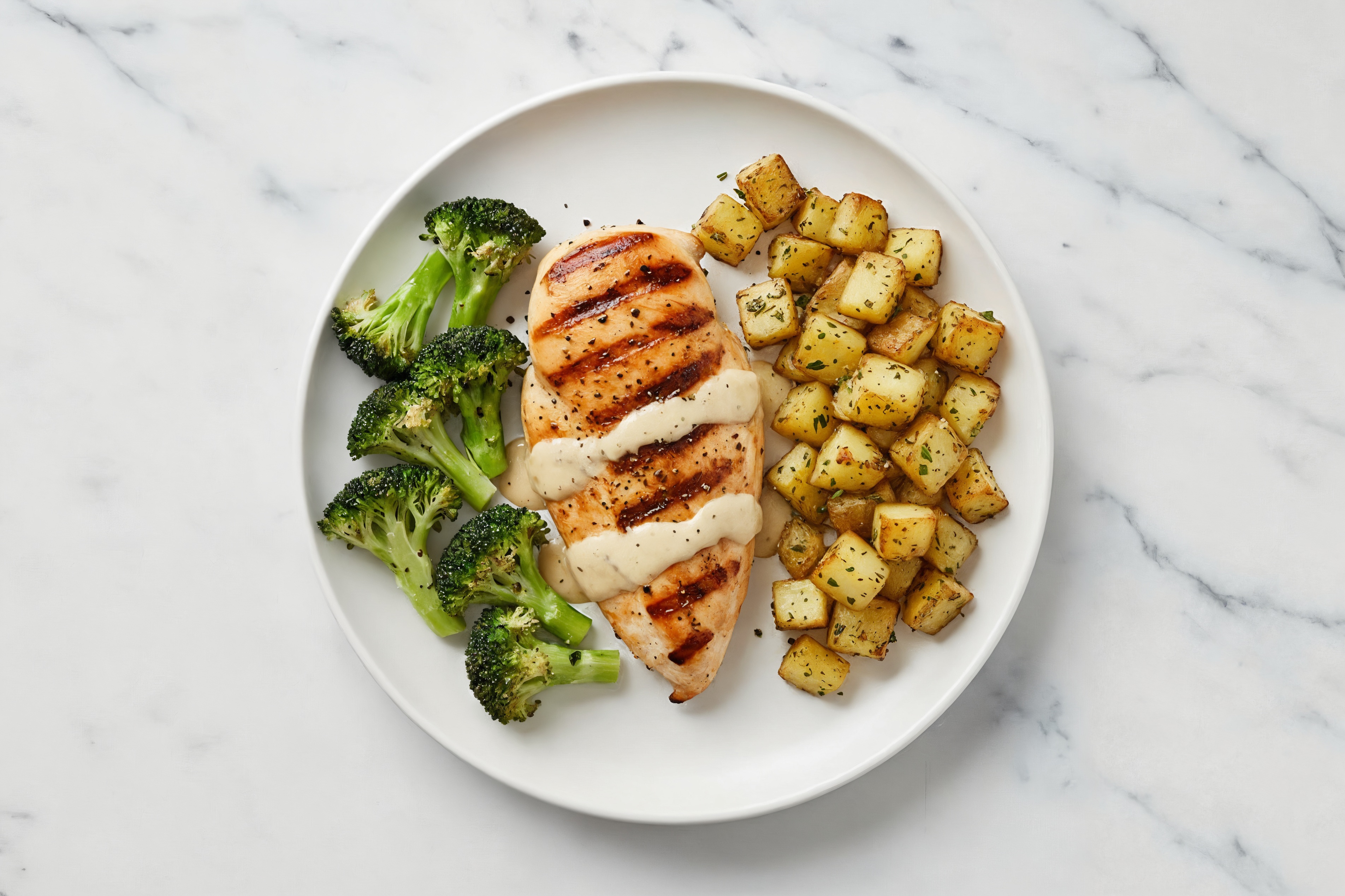 Asiago Seasoned Grilled Chicken Breast, Broccoli + Herbed Potatoes