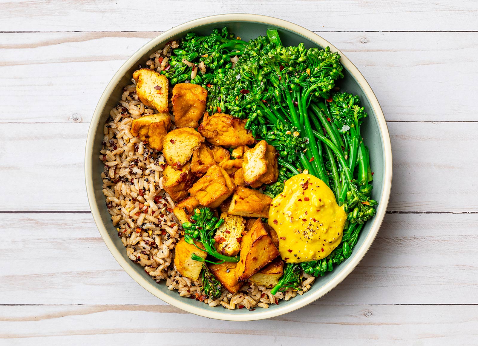 Lemongrass Curry Tofu + Broccoli Florets Rice Bowl