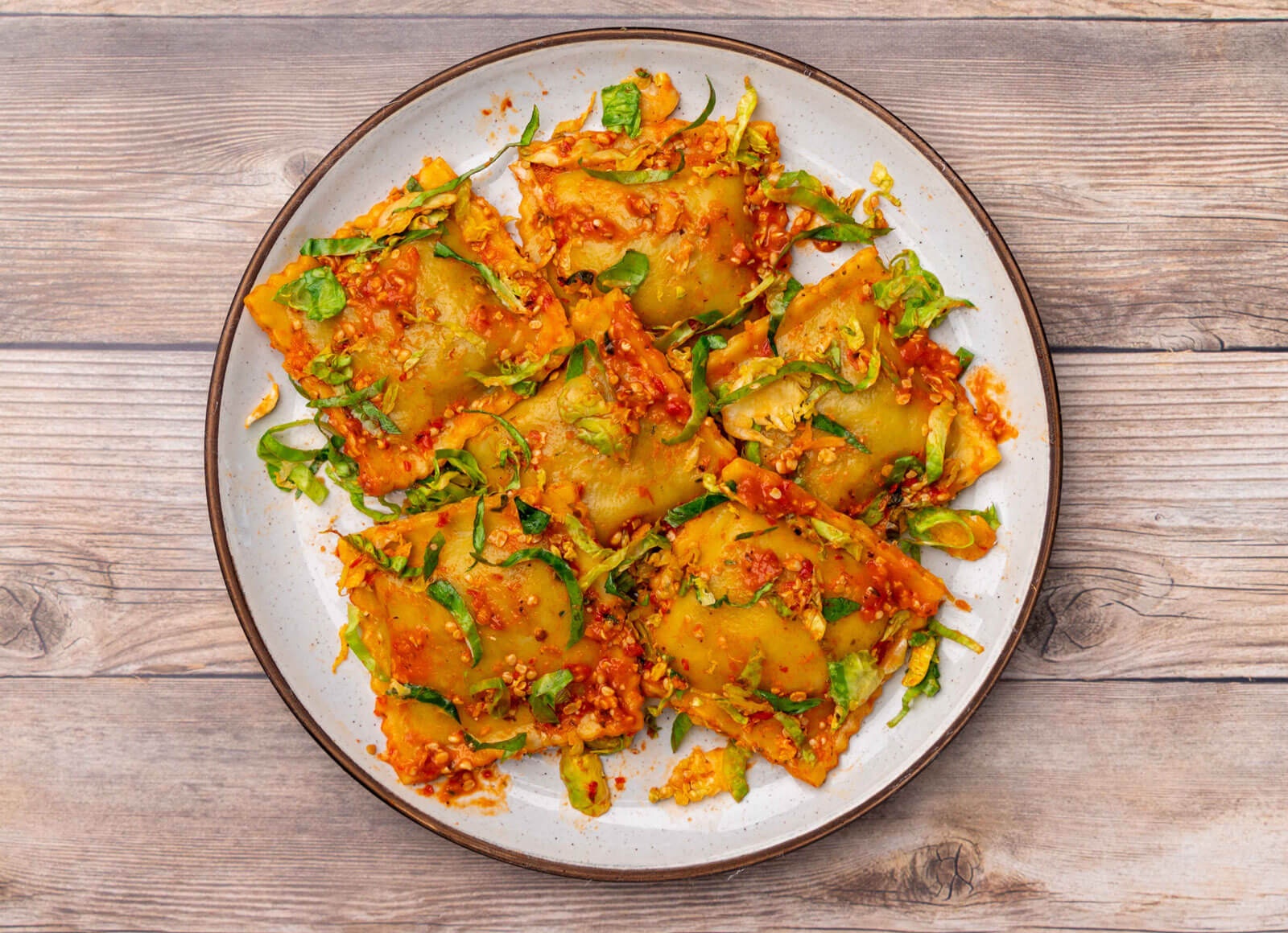 Spinach Ricotta Ravioli Marinara + Brussels