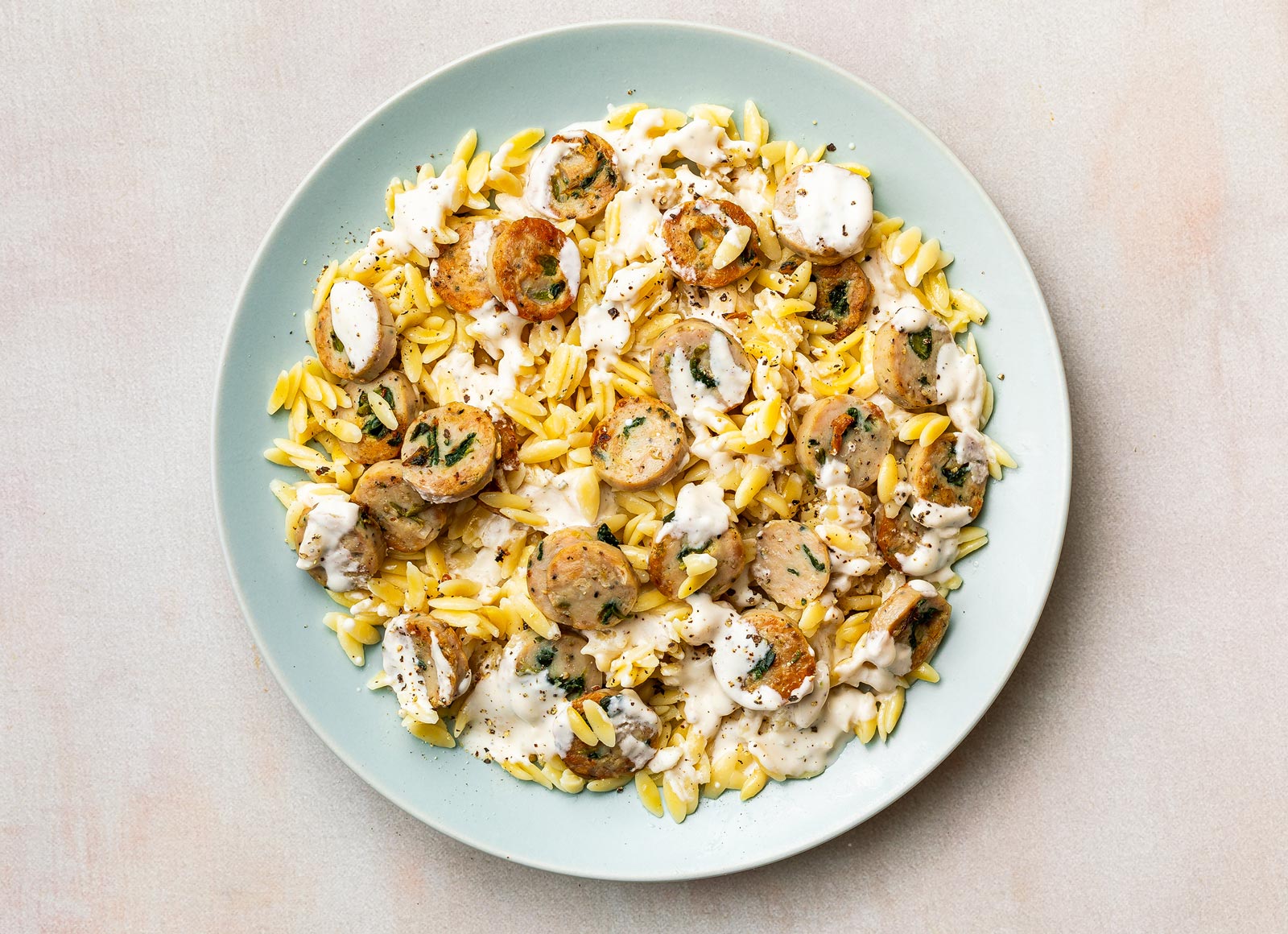 Garlic Chicken Sausage Orzo Alfredo