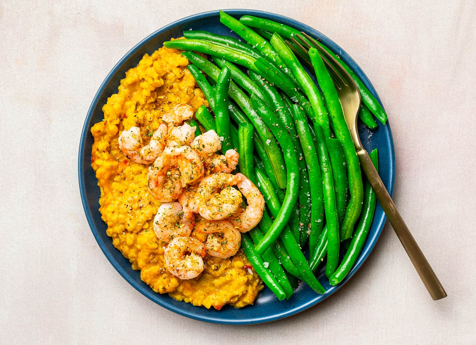 Shrimp + Green Beans with Red Lentils