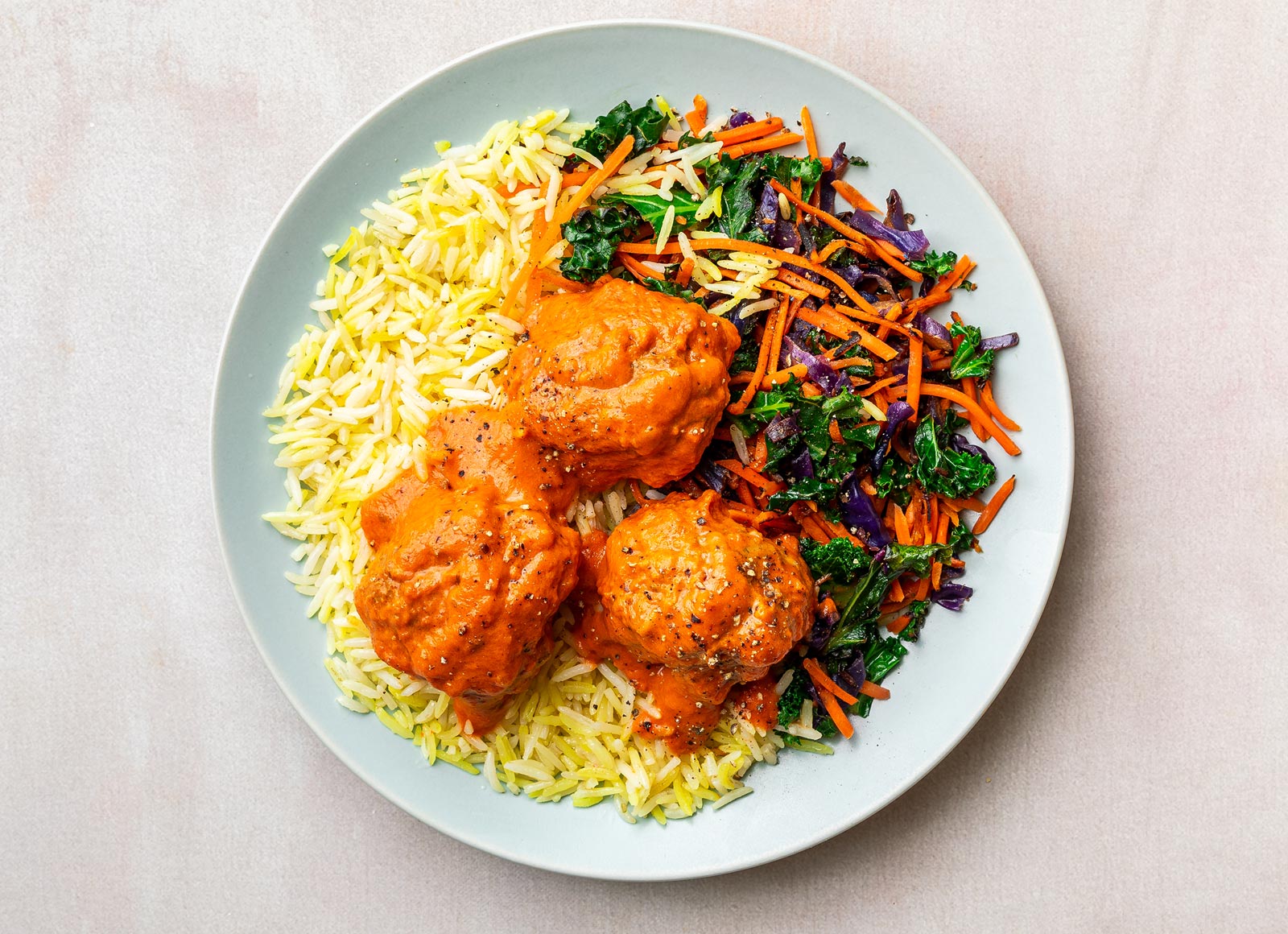 Butter Chicken Meatballs + Rice with Rainbow Veggies
