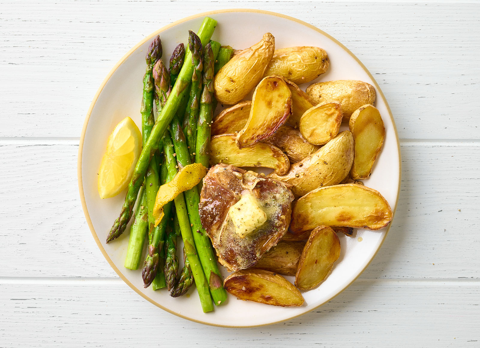 Lamb Chop + Potatoes with Lemony Asparagus