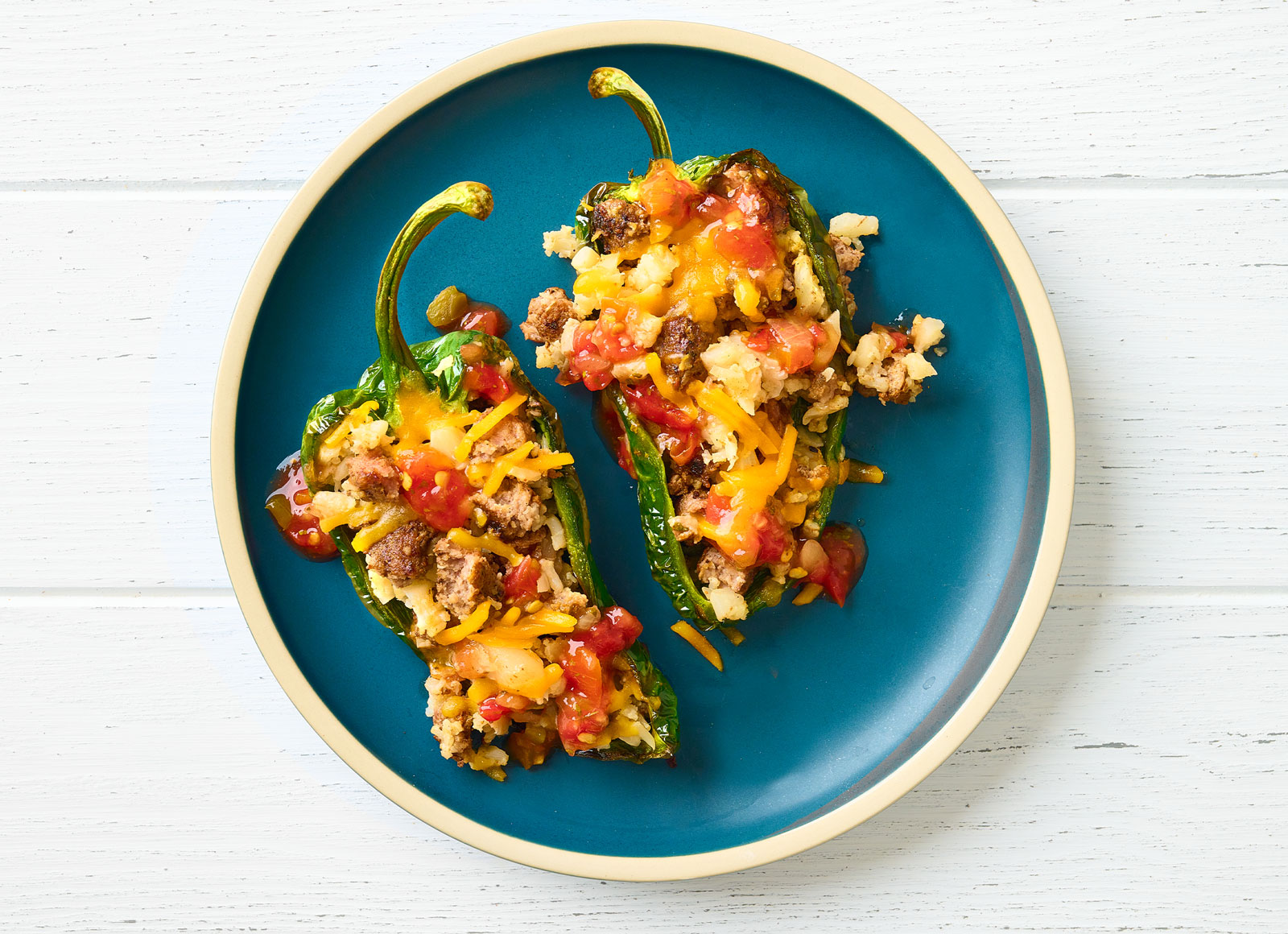 Cheesy Ground Beef Patties + Cauliflower Stuffed Poblano Peppers