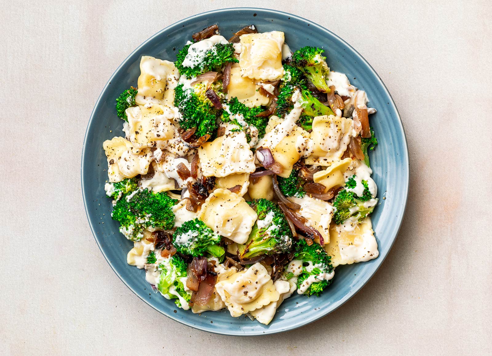 Creamy Ravioli Alfredo with Broccoli Florets