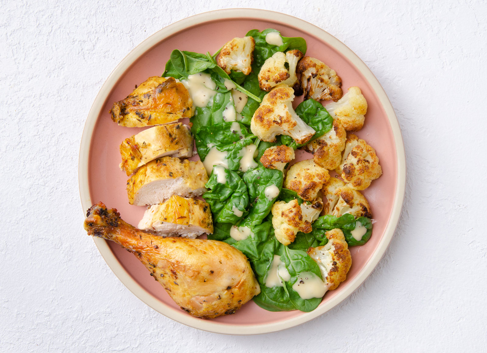 Juicy Lemon Pepper Chicken + Roasted Cauliflower with Baby Spinach