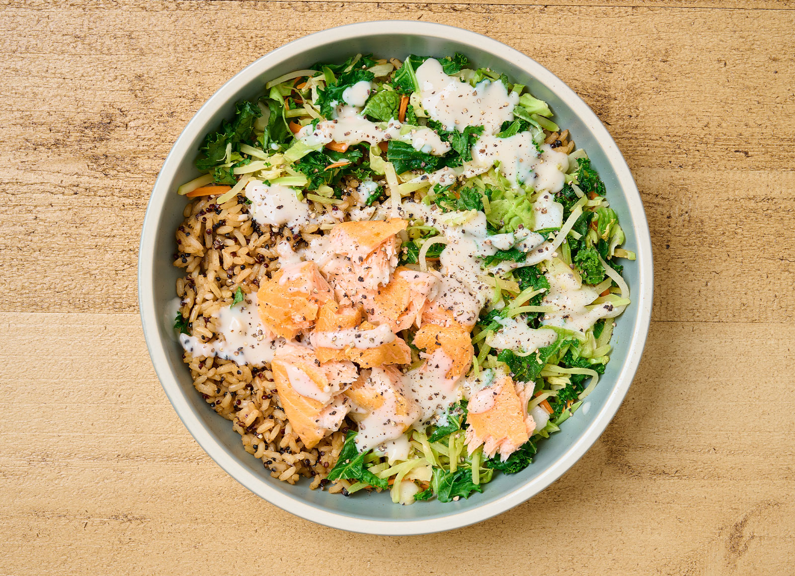 Creamy Garlic Roasted Salmon Brown Rice Quinoa Blend Bowl