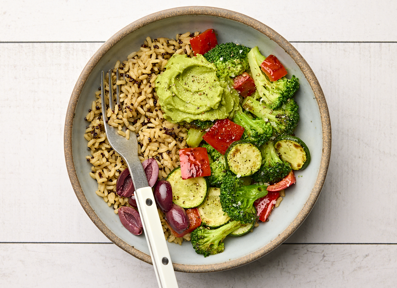 Roasted Veggie + Guacamole Rice Bowl with Broccoli Florets