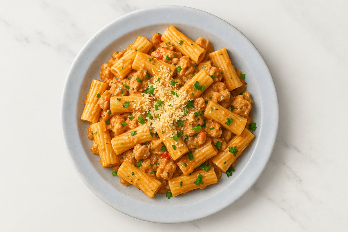 Weeknight Protein Bruschetta Rigatoni Pasta alla Vodka