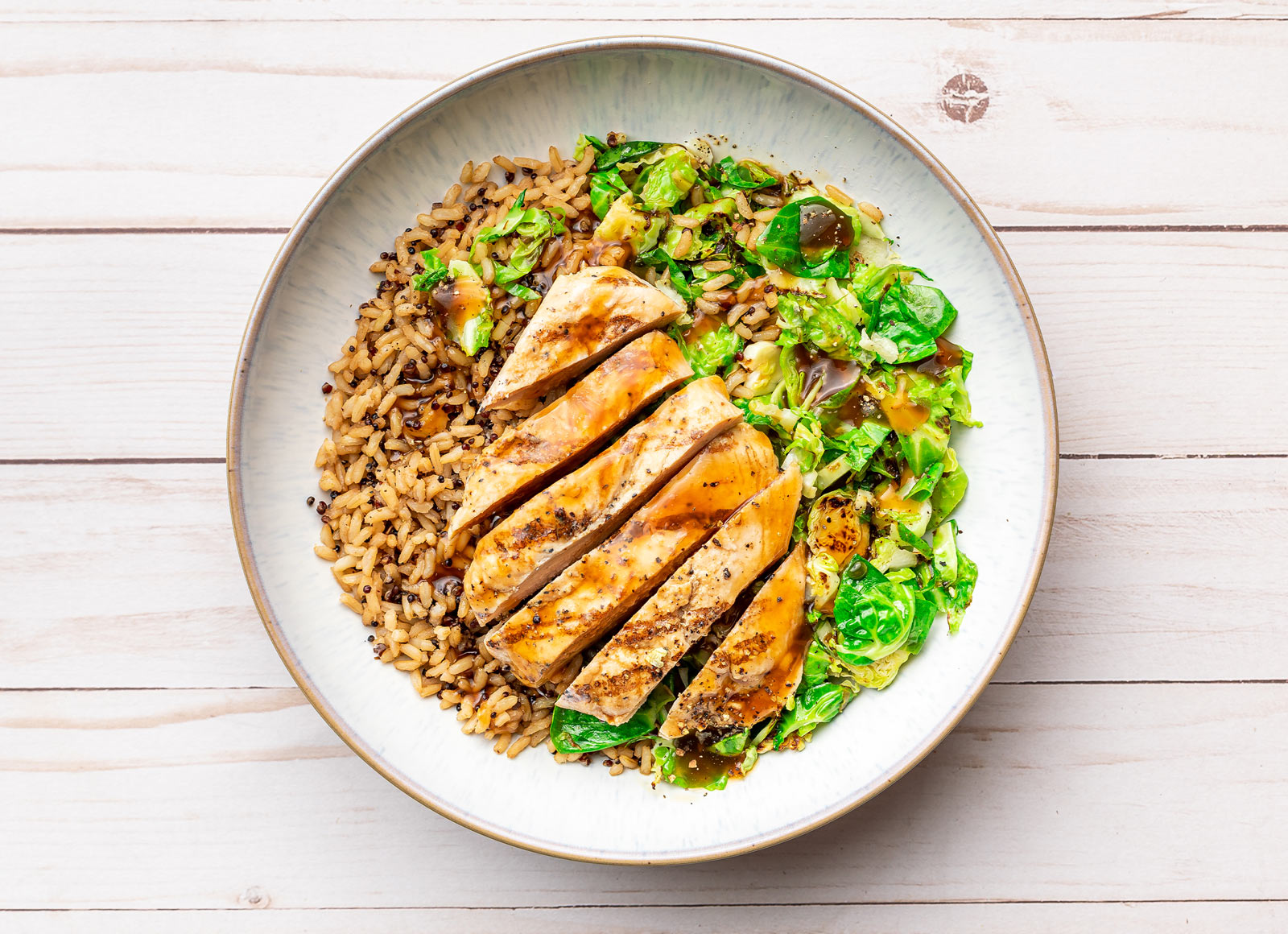 Gingery Grilled Chicken + Brussels Rice Bowl