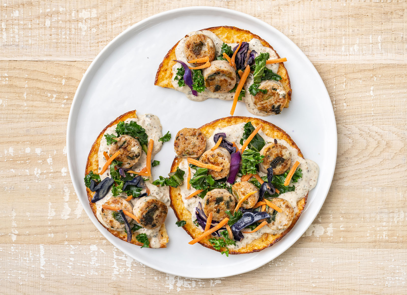 Rainbow Veggie + Spinach Sausage Cauli Toasts