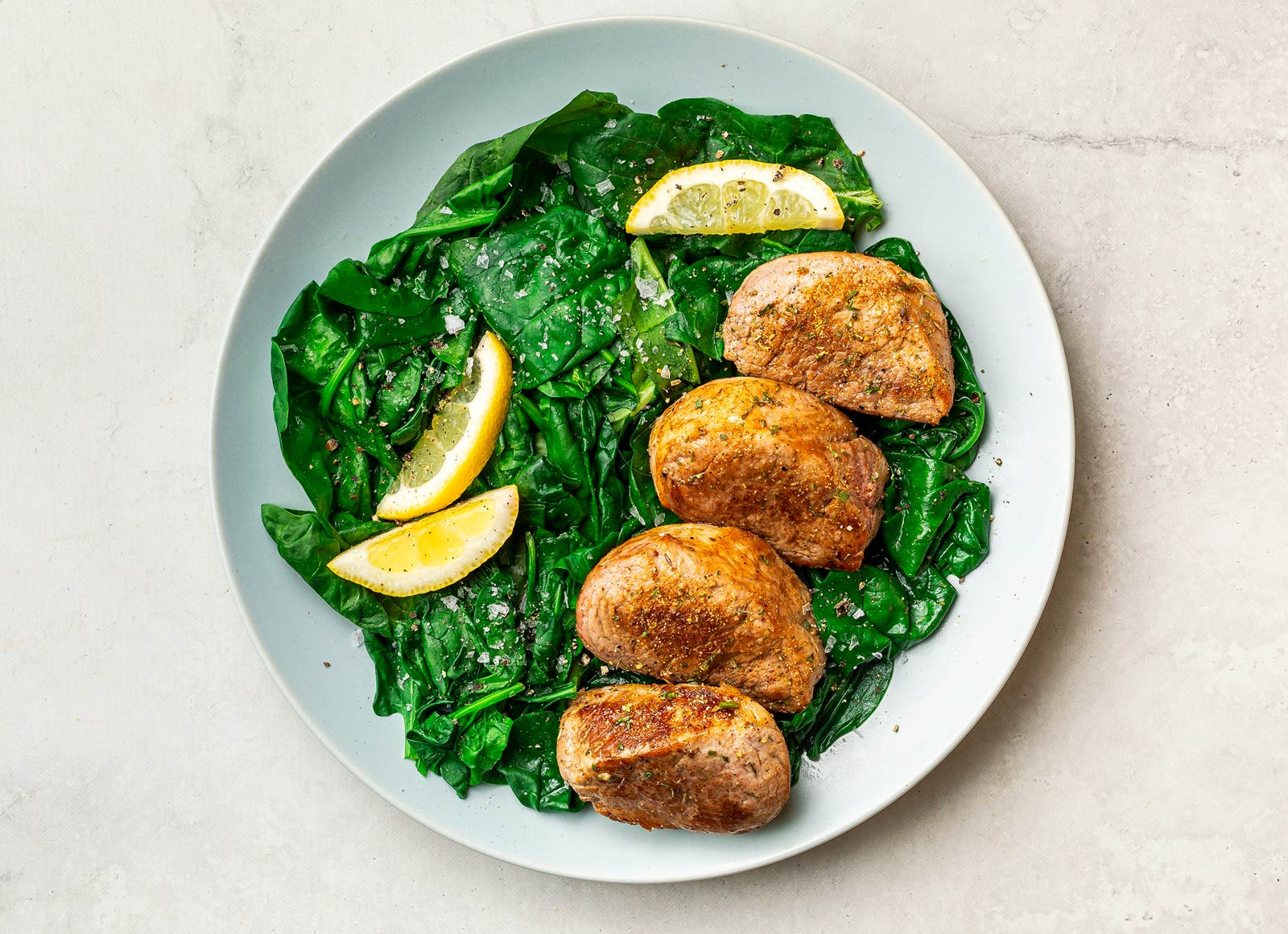 Pork Medallions with Garlicky Baby Spinach