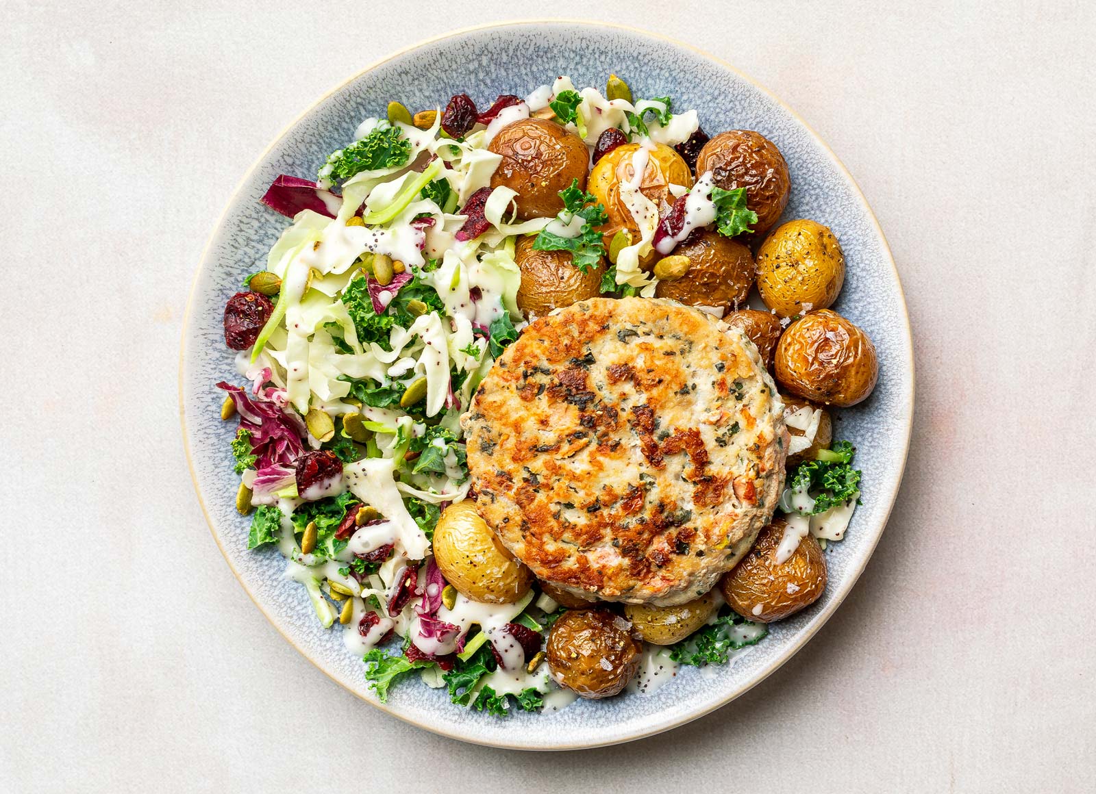 Bruschetta Chicken with Roast Potatoes + Kale Salad