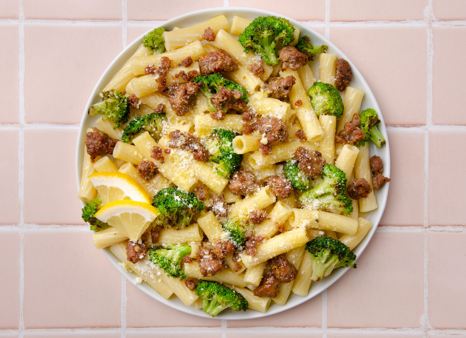 Lemony Italian Sausage + Broccoli Florets Rigatoni Pasta