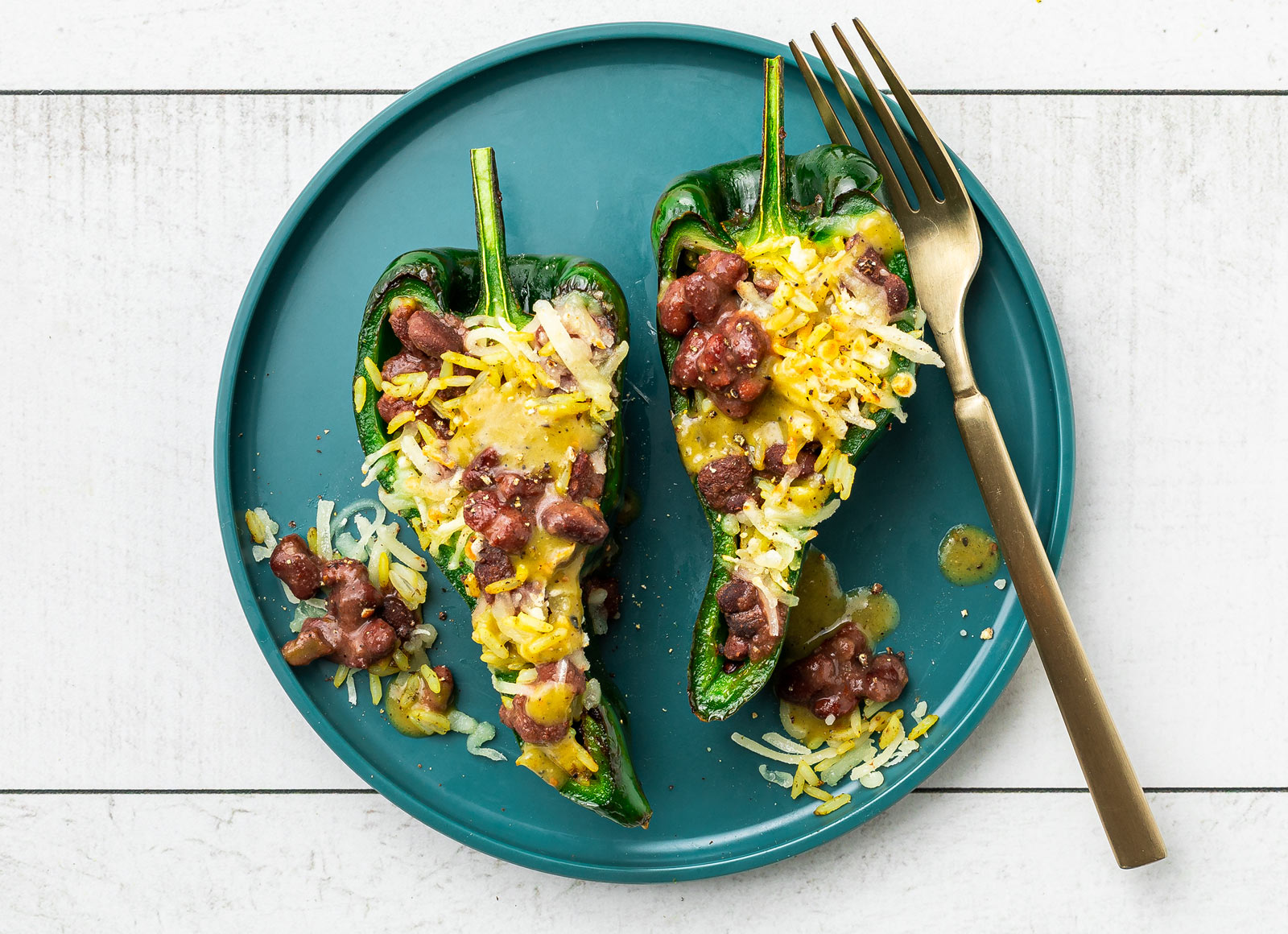 Cheesy Bean + Rice Stuffed Poblano Peppers