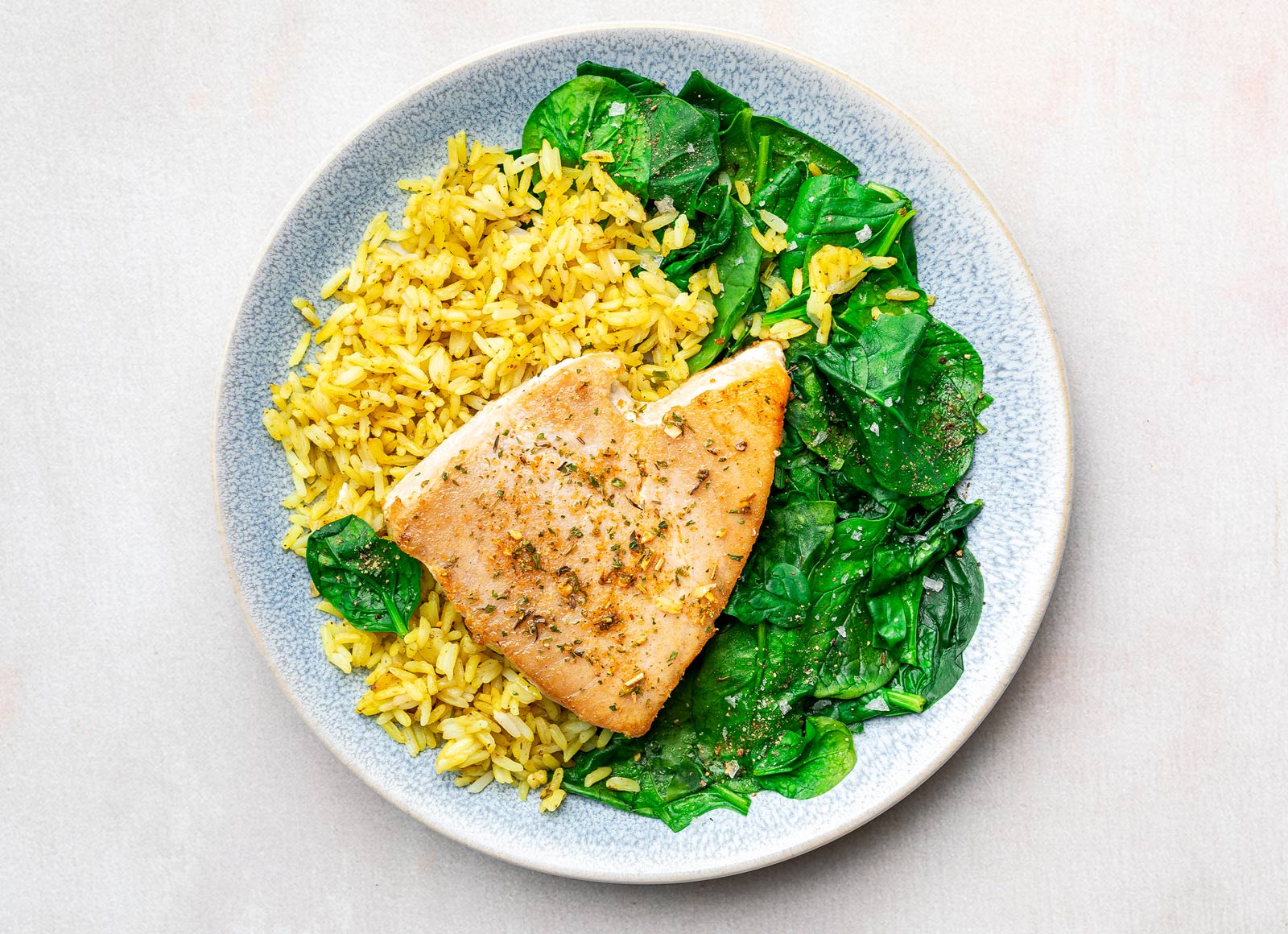 Herby Seared Tuna Steak with Jasmine Rice with Baby Spinach