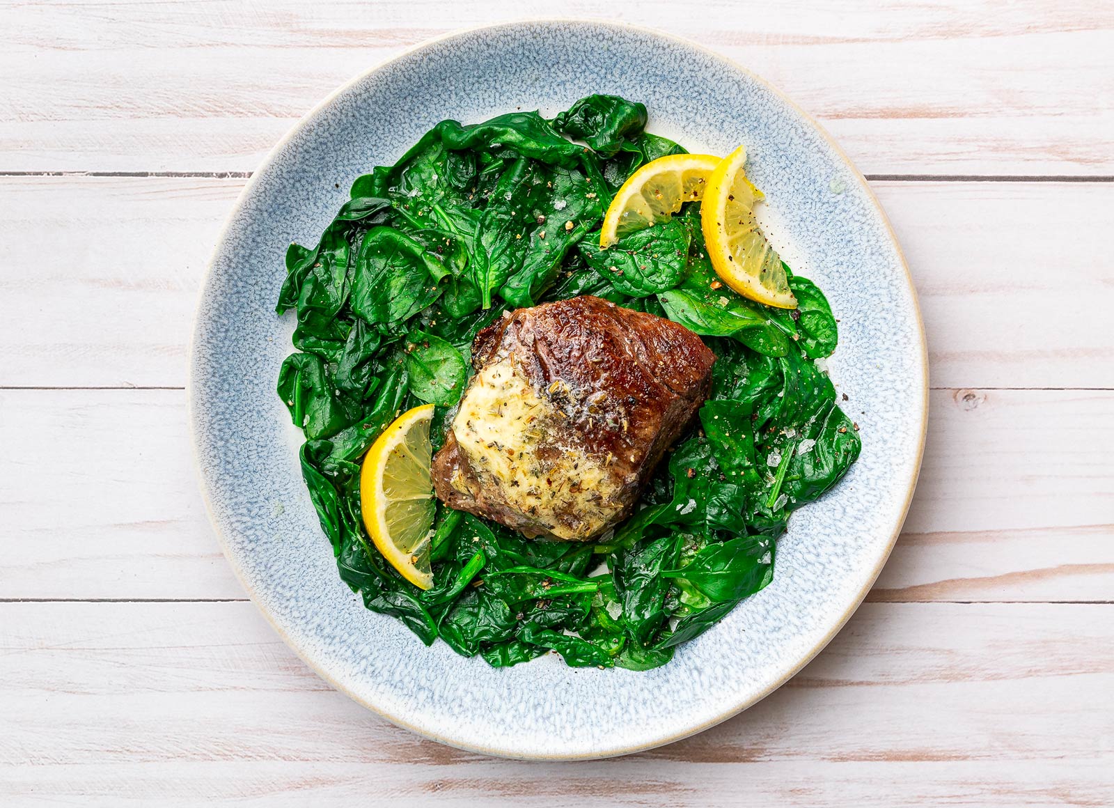 Herb Butter Strip Steak + Lemony Spinach