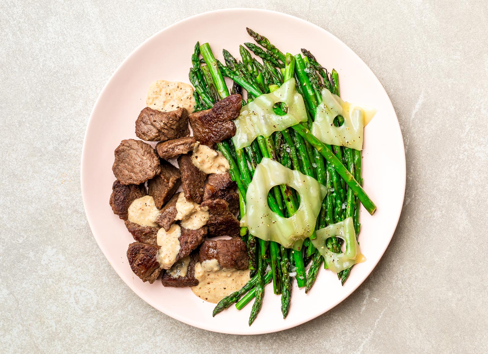 French Onion Beef Tips + Cheesy Asparagus