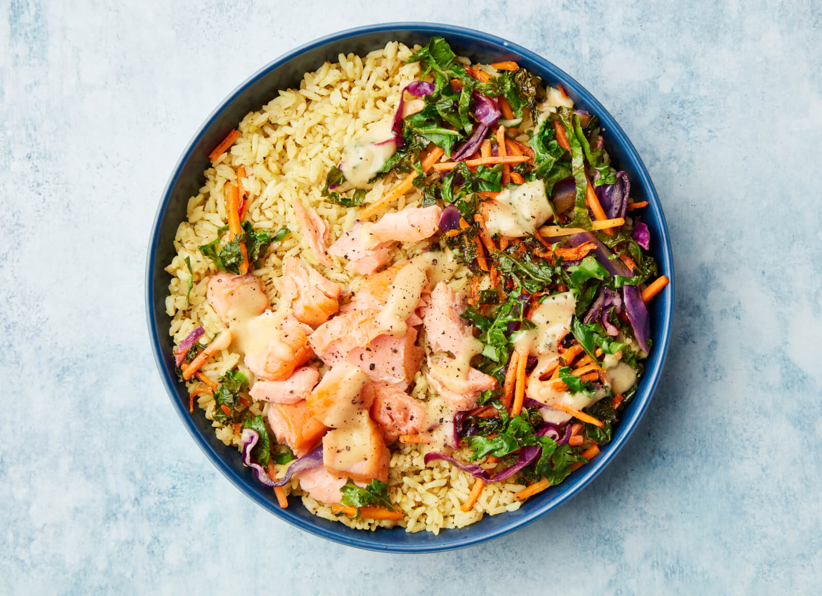 Zesty Classic Roasted Salmon + Rainbow Veggie Seasoned Jasmine Rice Bowl