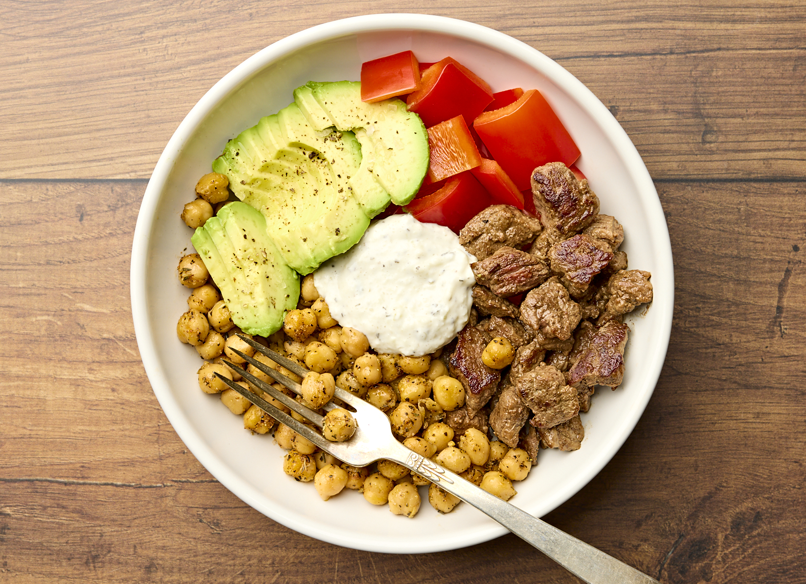 Creamy Garlic Bison + Chickpea Bowl with Red Pepper