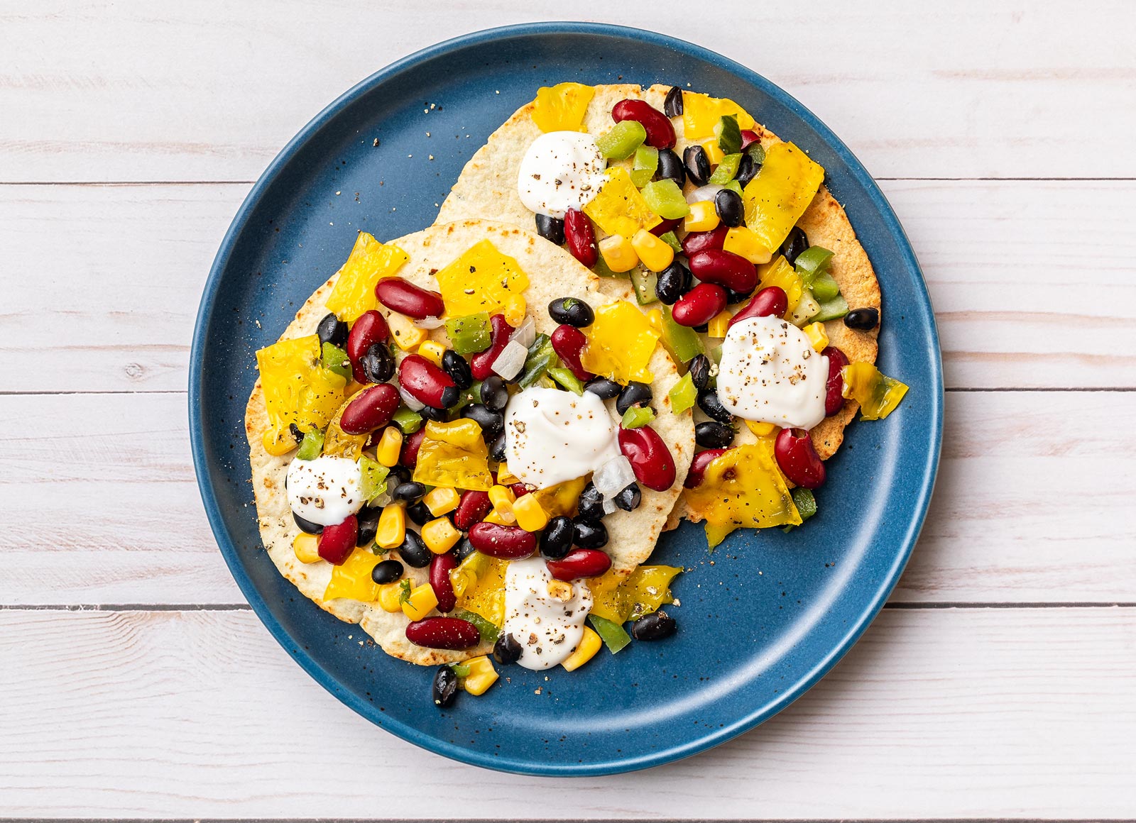 Cheezy Tostada + Corn Bean Salad
