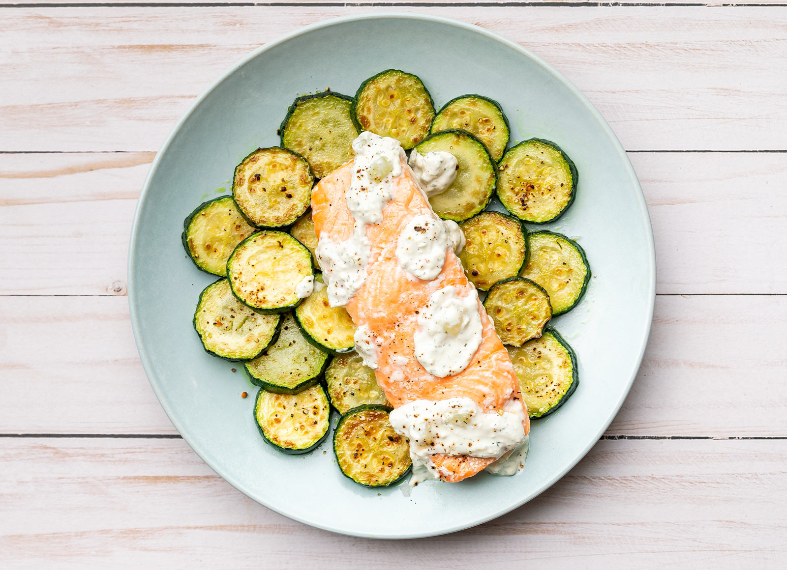 Oven Roasted Salmon with Tzatziki + Zucchini