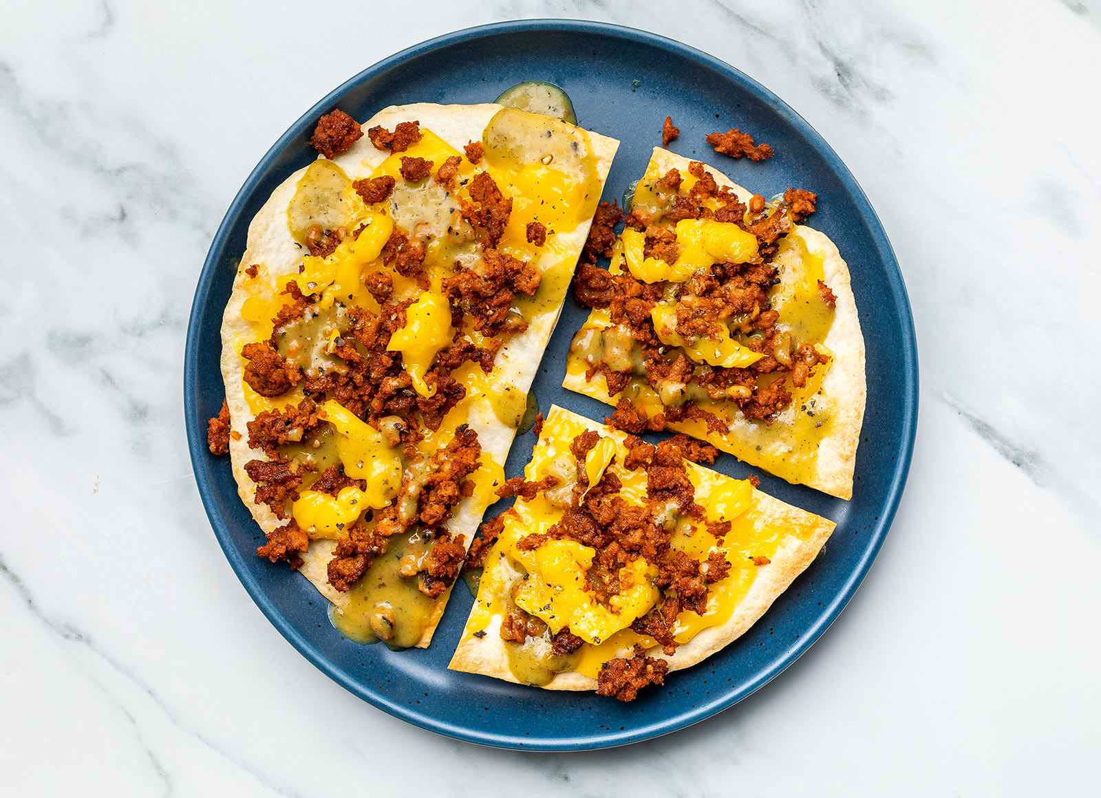 Vegan Chorizo, Green Chile + Cheddar Tostada