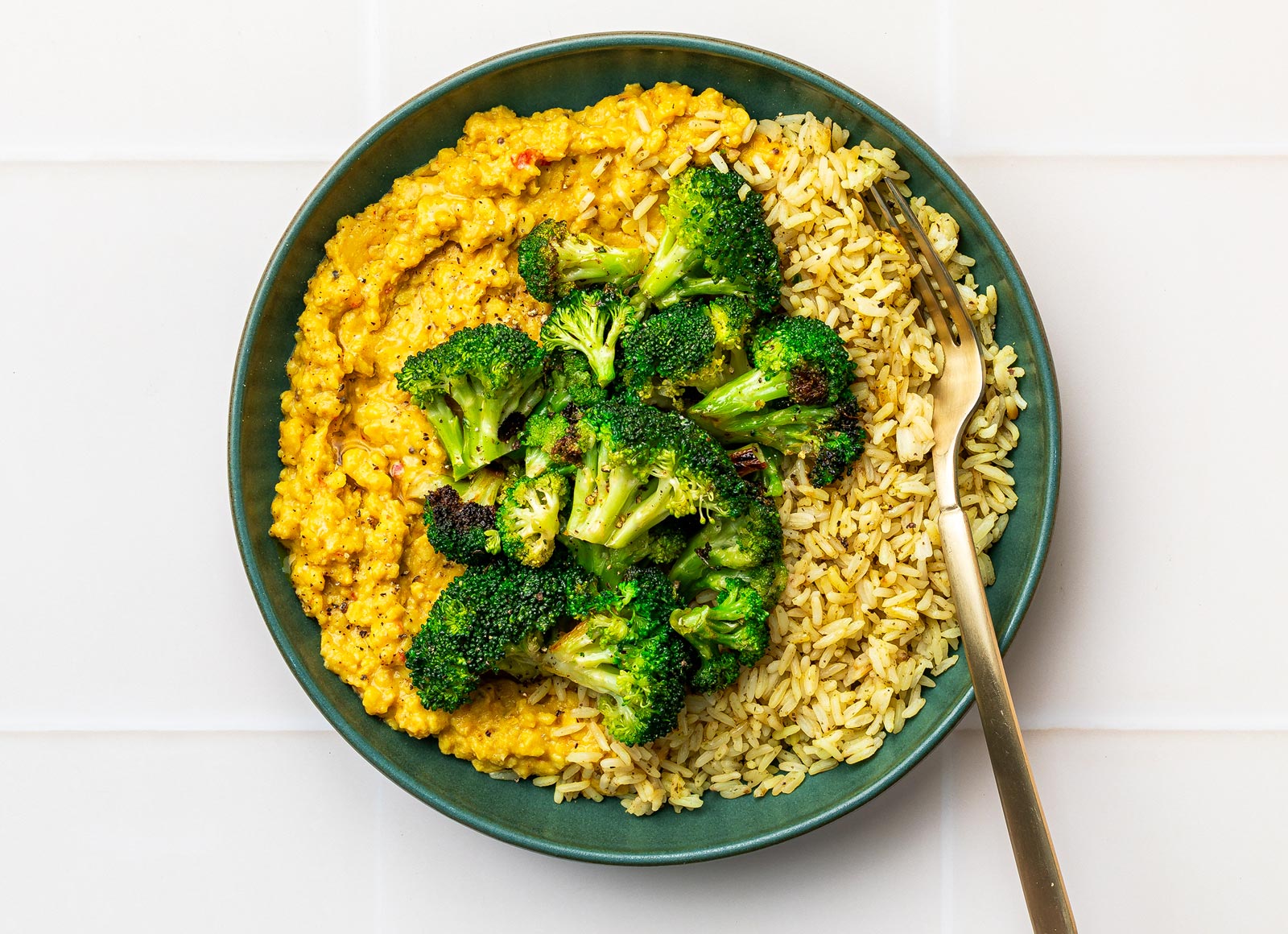 Broccoli Florets Red Lentil Dal Bowl over Jasmine Rice