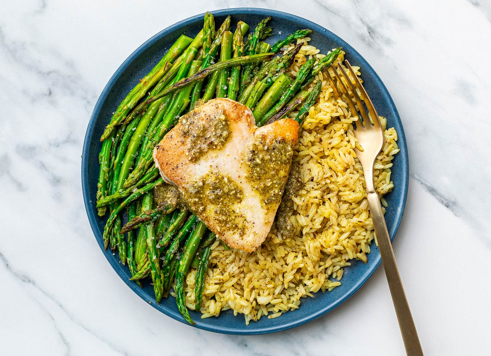 Basil Pesto Tuna Steak with Asparagus + Seasoned Jasmine Rice